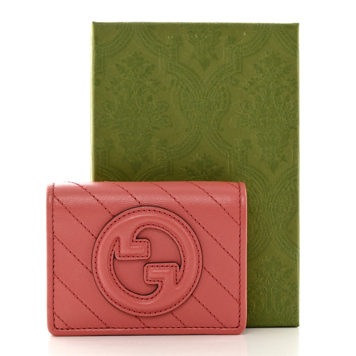 Sakai Be Green Calfskin Diagonal Stitched Blondie Card Case Wallet Pink