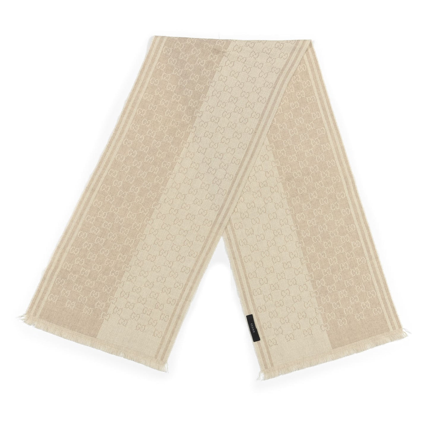 Wool Silk Monogram Fringe Scarf Beige
