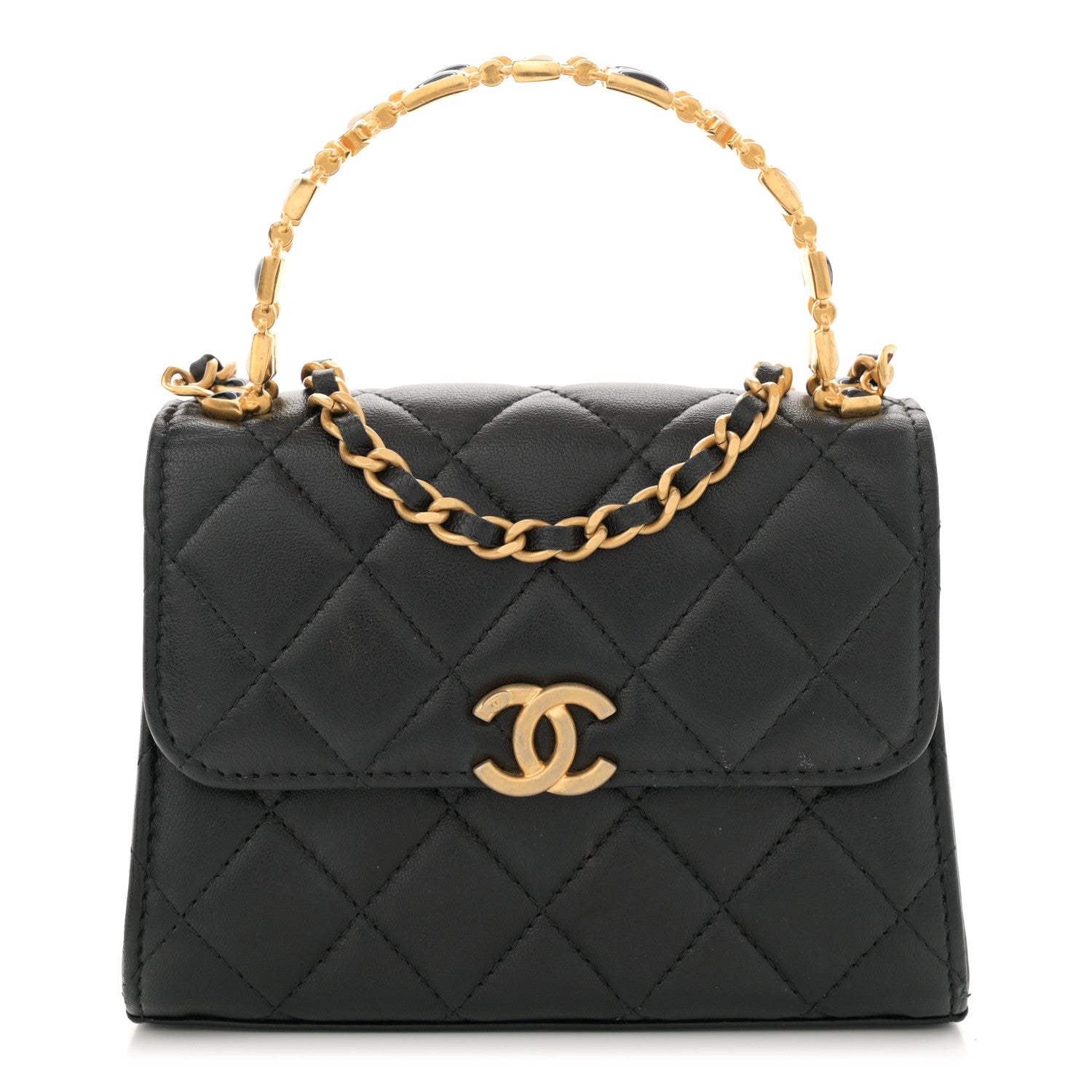 Chanel Lambskin Enamel Quilted Top Handle Flap With Chain Black 1 of 14