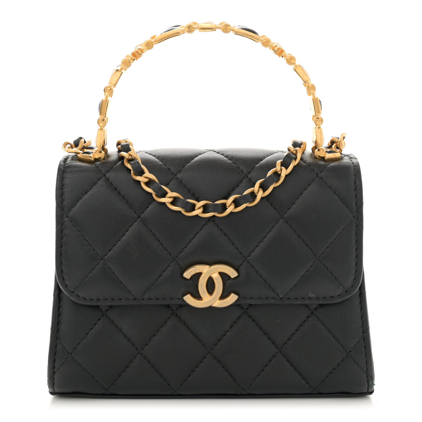 Lambskin Enamel Quilted Top Handle Flap With Chain Black