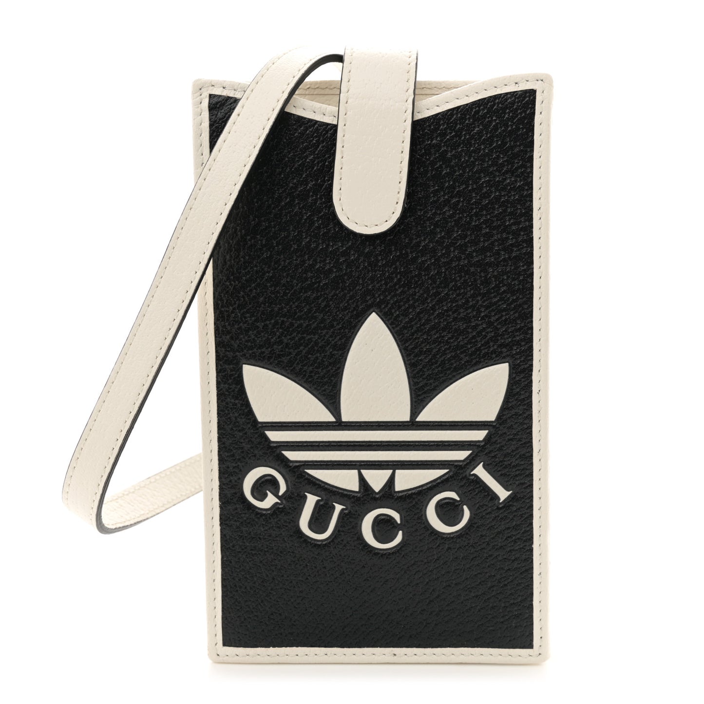 X ADIDAS Textured Dollar Calfskin Trefoil Embossed Phone Crossbody Bag Black Off White