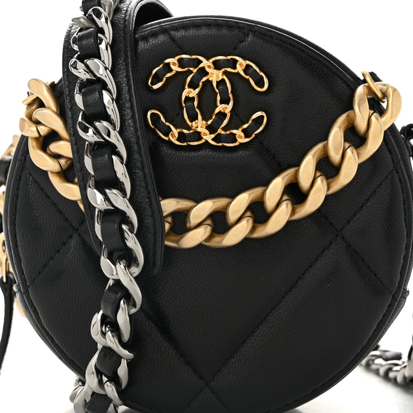 Shiny Goatskin Quilted Chanel 19 Round Clutch With Chain Black