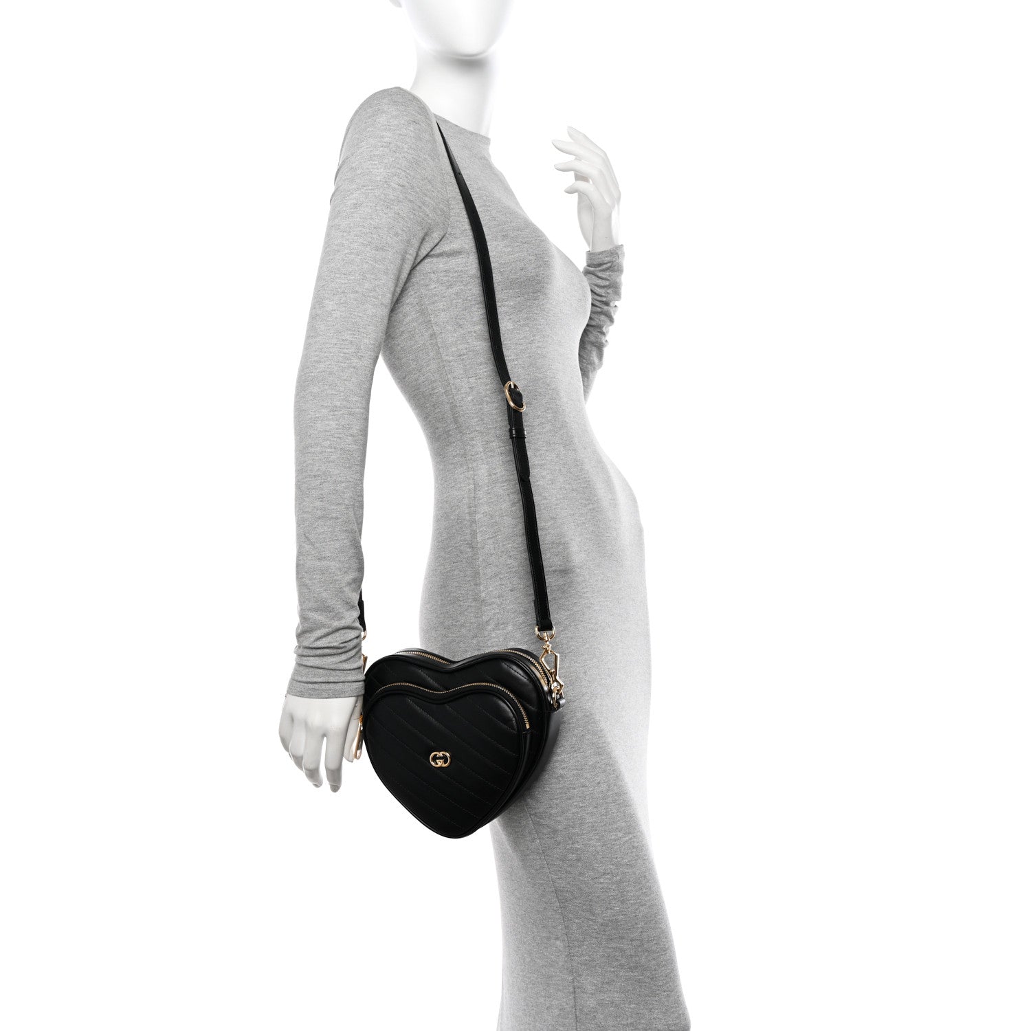 Gucci Calfskin Matelasse Diagonal Mini Interlocking G Heart Shoulder Bag Black 2 of 11