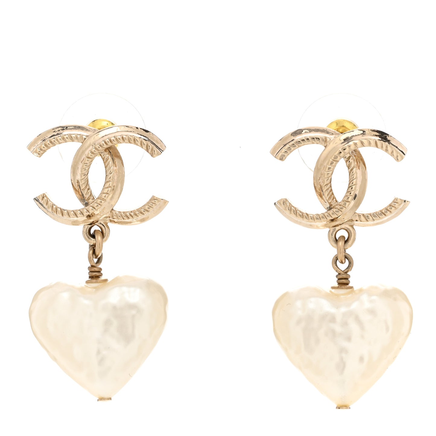 Pearl CC Heart Drop Earrings Gold