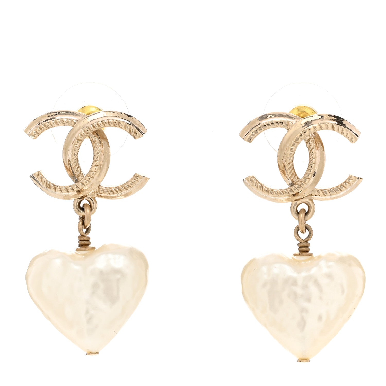 Chanel Pearl CC Heart Drop Earrings Gold 1 of 5