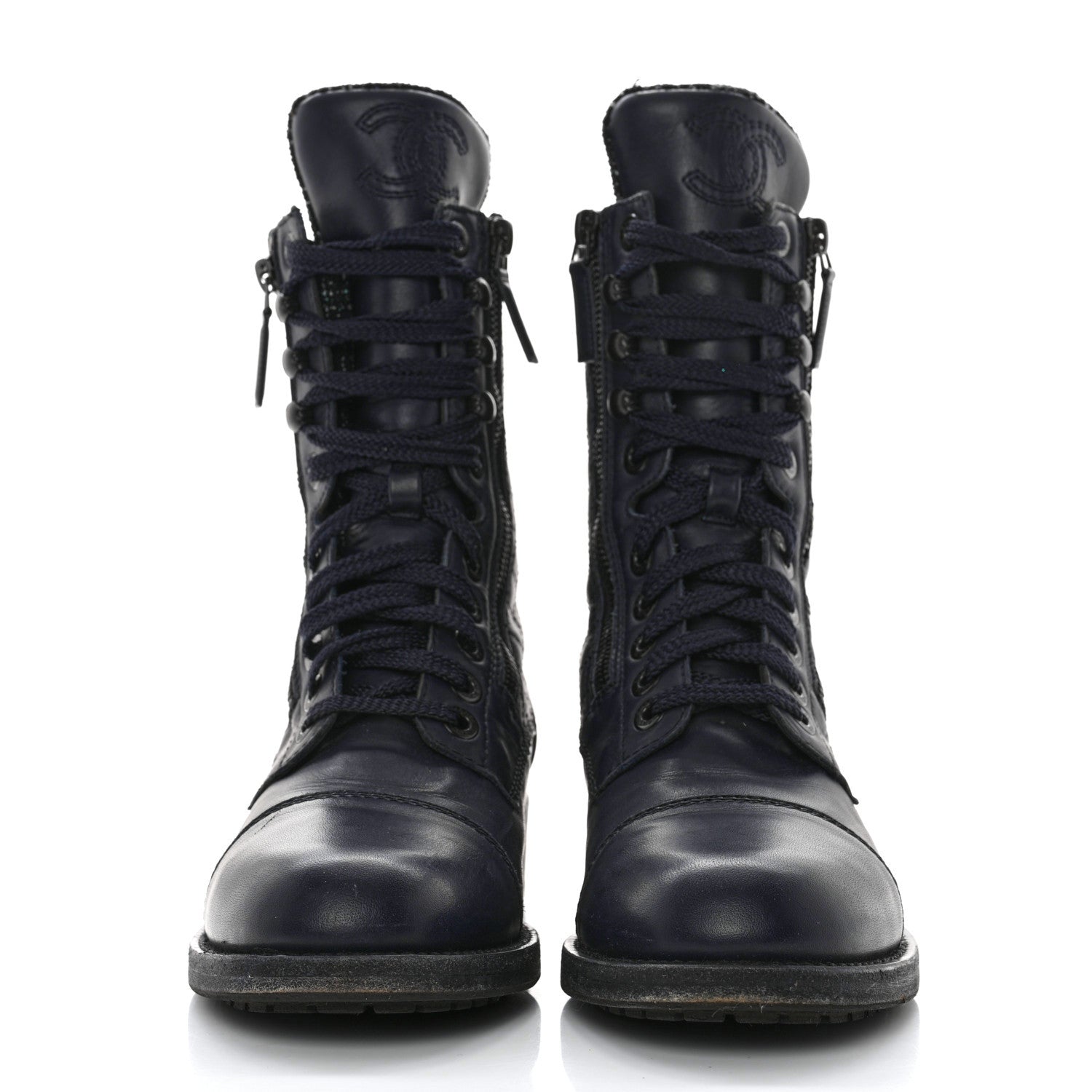 Chanel Sheepskin Quilted CC Tall Lace Up Combat Boots 40 Navy 2 of 11