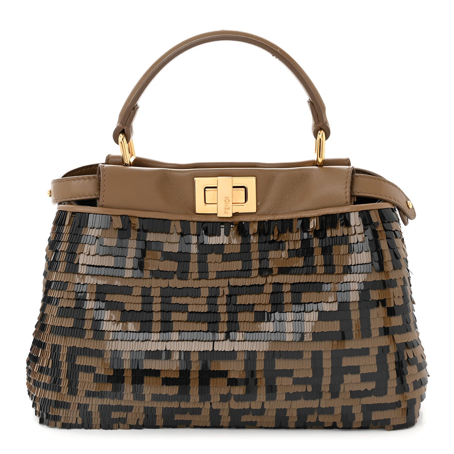 Fendi Vitello Catalan Mirror Sequin FF 1974 Embroidered Mini Peekaboo Iconic Satchel Tobacco Moro Sand Black 1 of 11