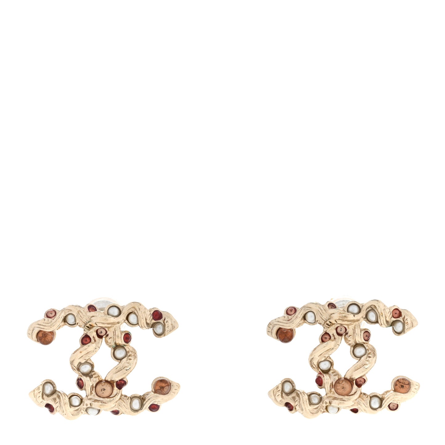 Resin Pearl Beaded CC Earrings Gold Brown
