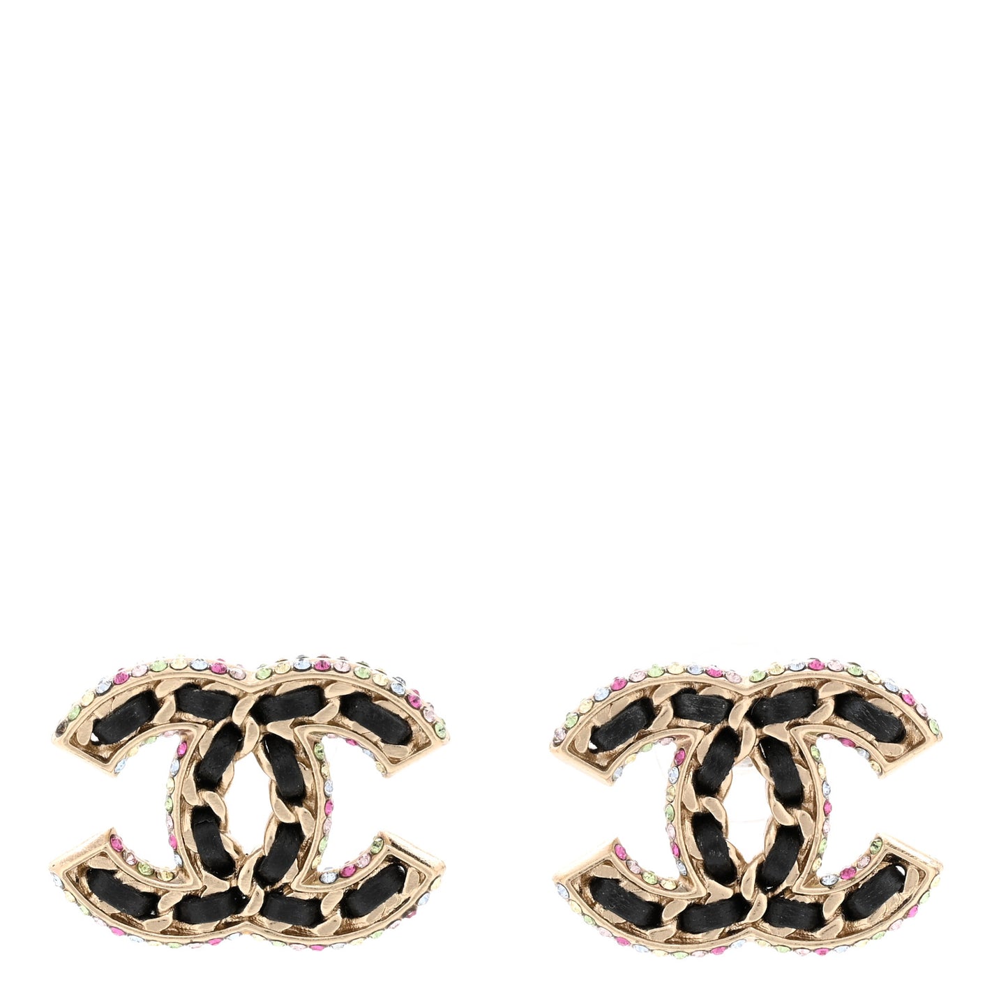 Lambskin Crystal CC Chain Earrings Black Gold Multicolor