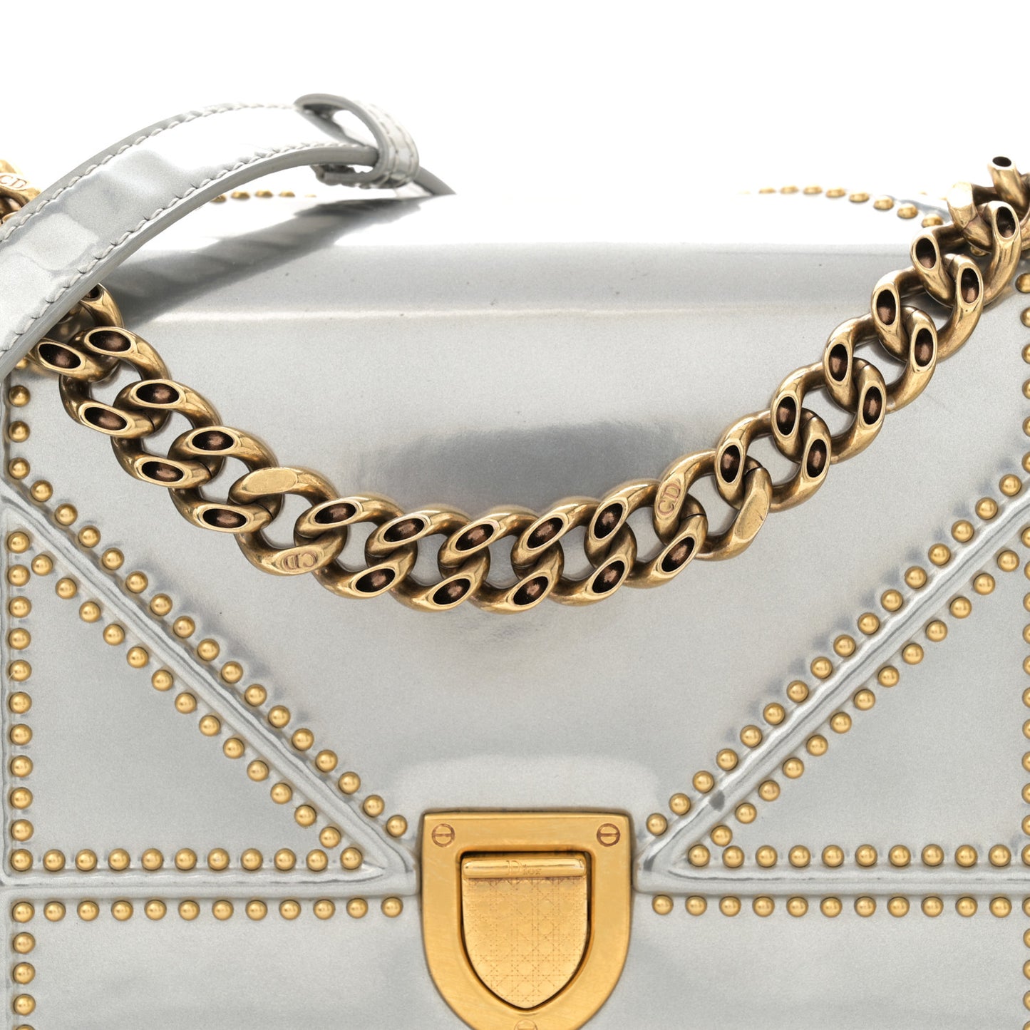 Metallic Patent Studded Small Diorama Flap Bag Silver