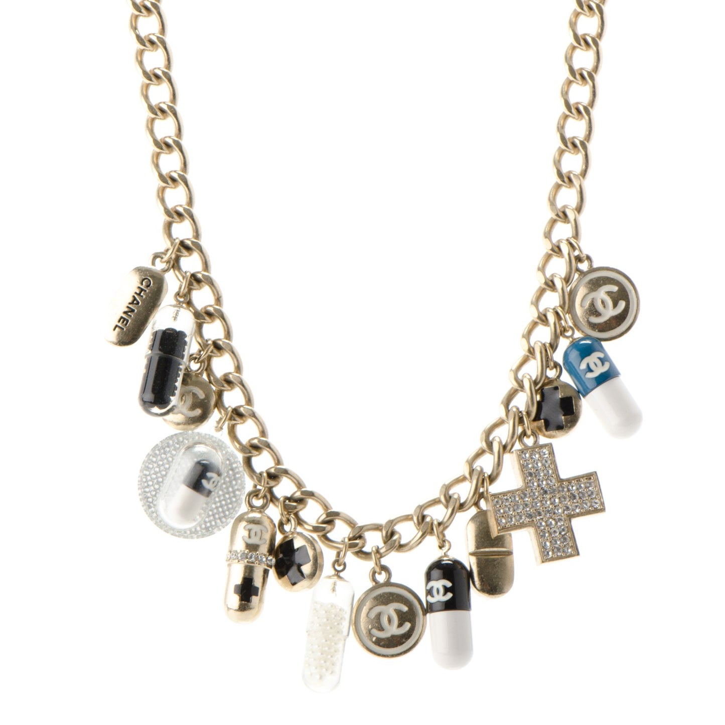 Enamel Crystal Pill CC Charm Necklace Black Gold