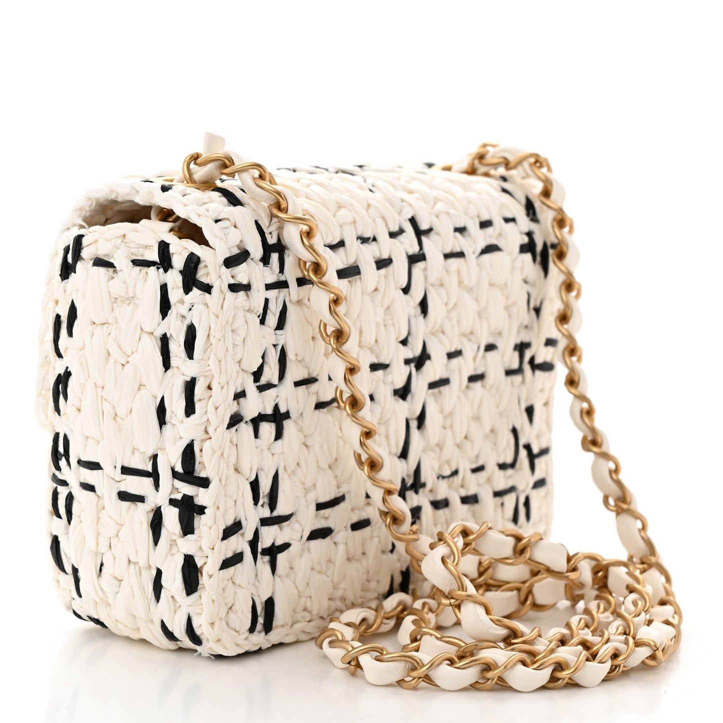 Raffia Effect Tweedy Mini Flap Bag White Black