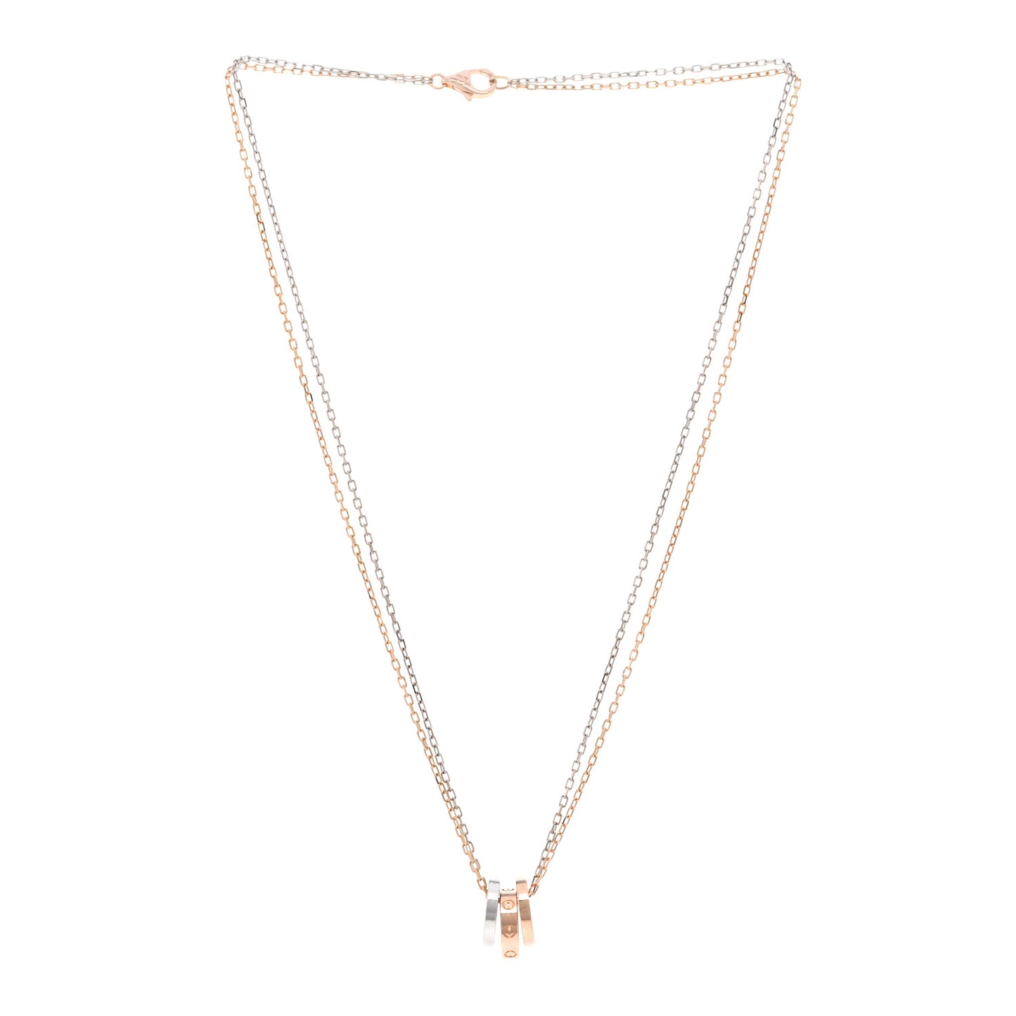 18K White Pink Gold Diamond Three Ring LOVE Pendant Necklace