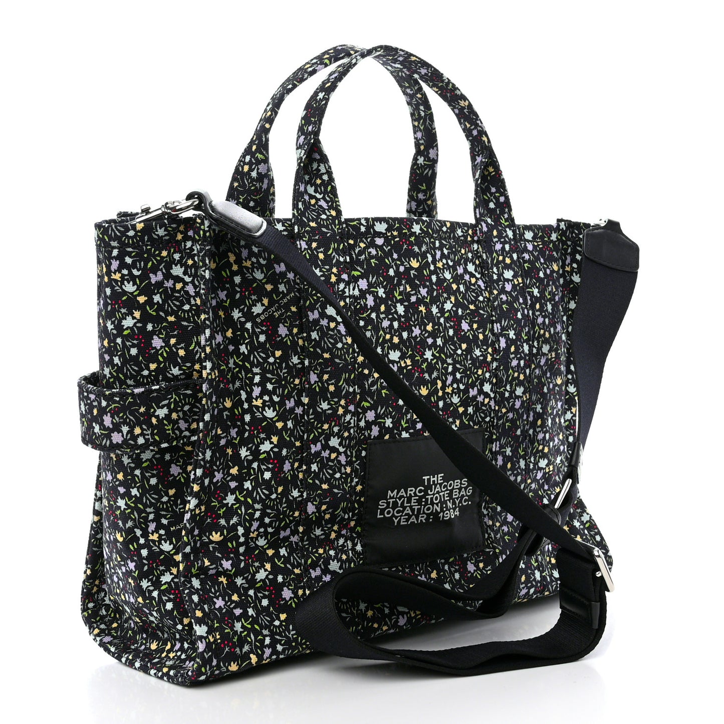 Cotton Canvas Floral Print Medium The Traveler Tote Bag Black