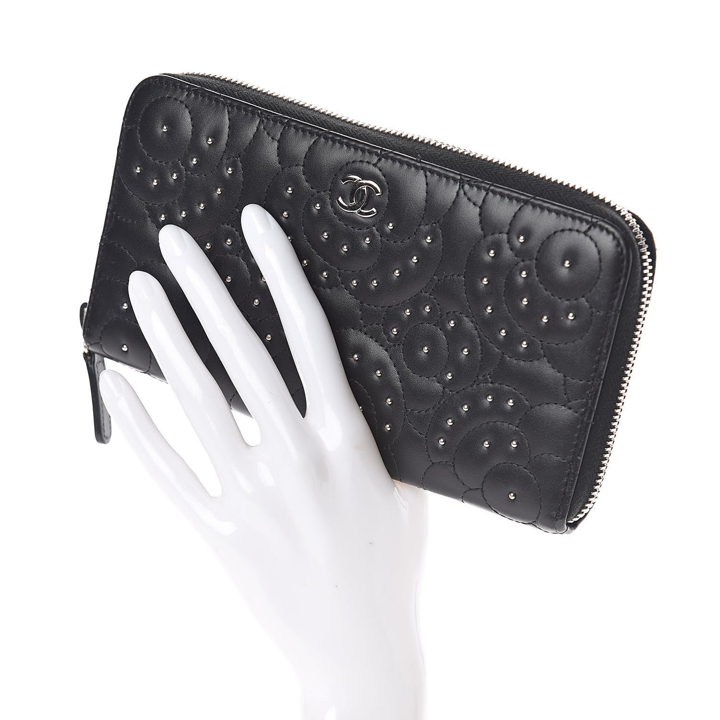 Lambskin Camellia Studded Large Gusset Zip Around Wallet Black