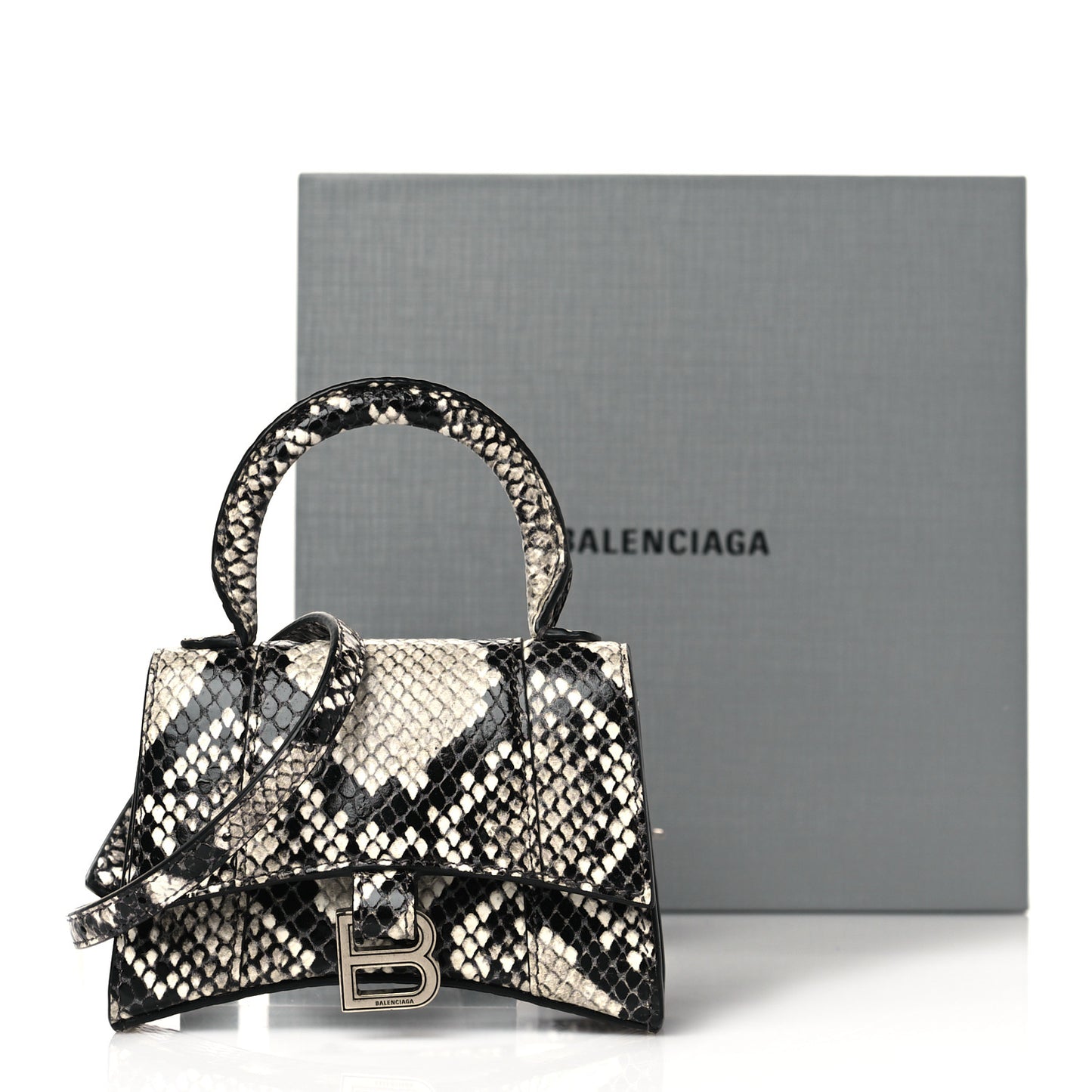 Shiny Calfskin Python Effect Hourglass Top Handle Bag Mini Black White