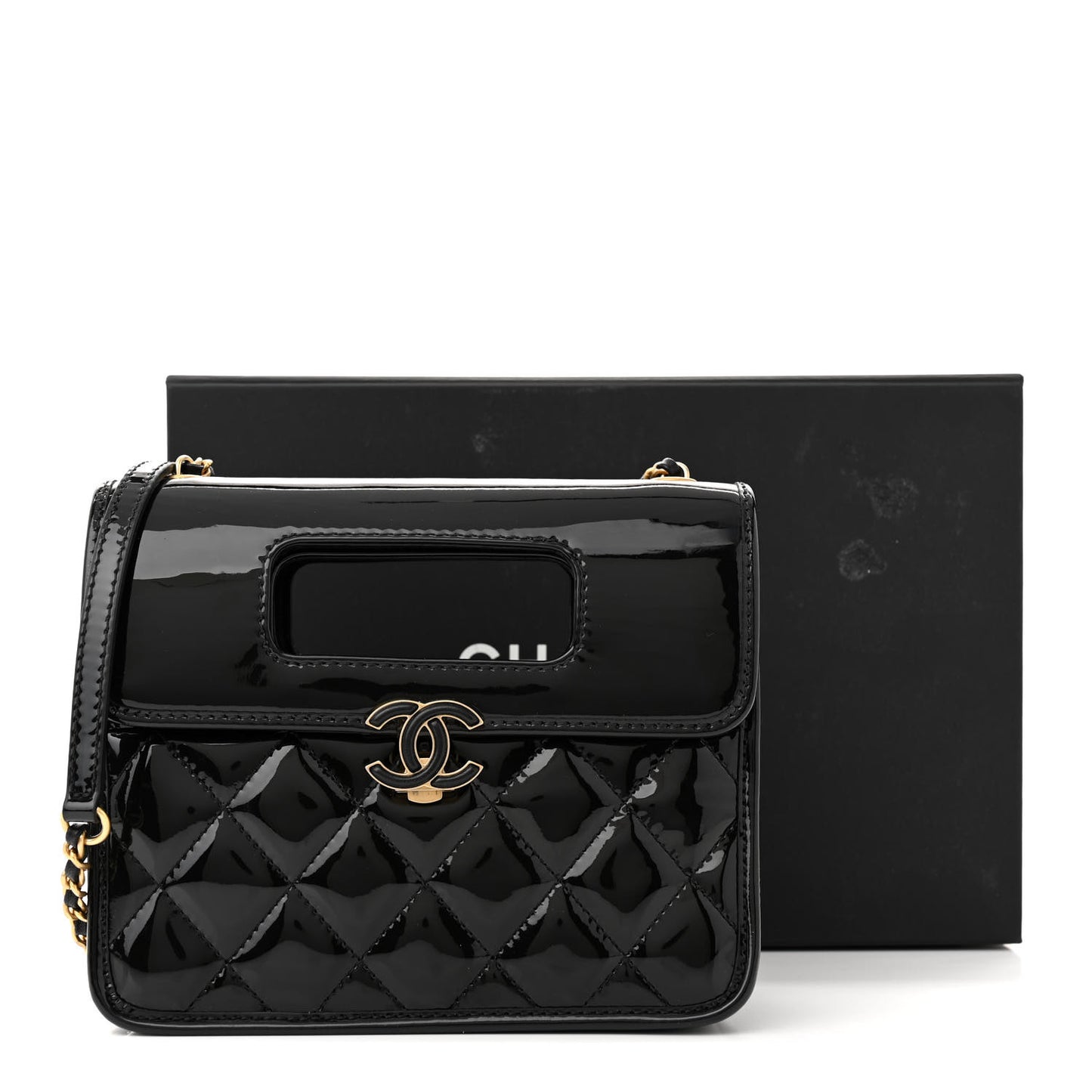 Patent Quilted Mini Graphic Catch Flap Black
