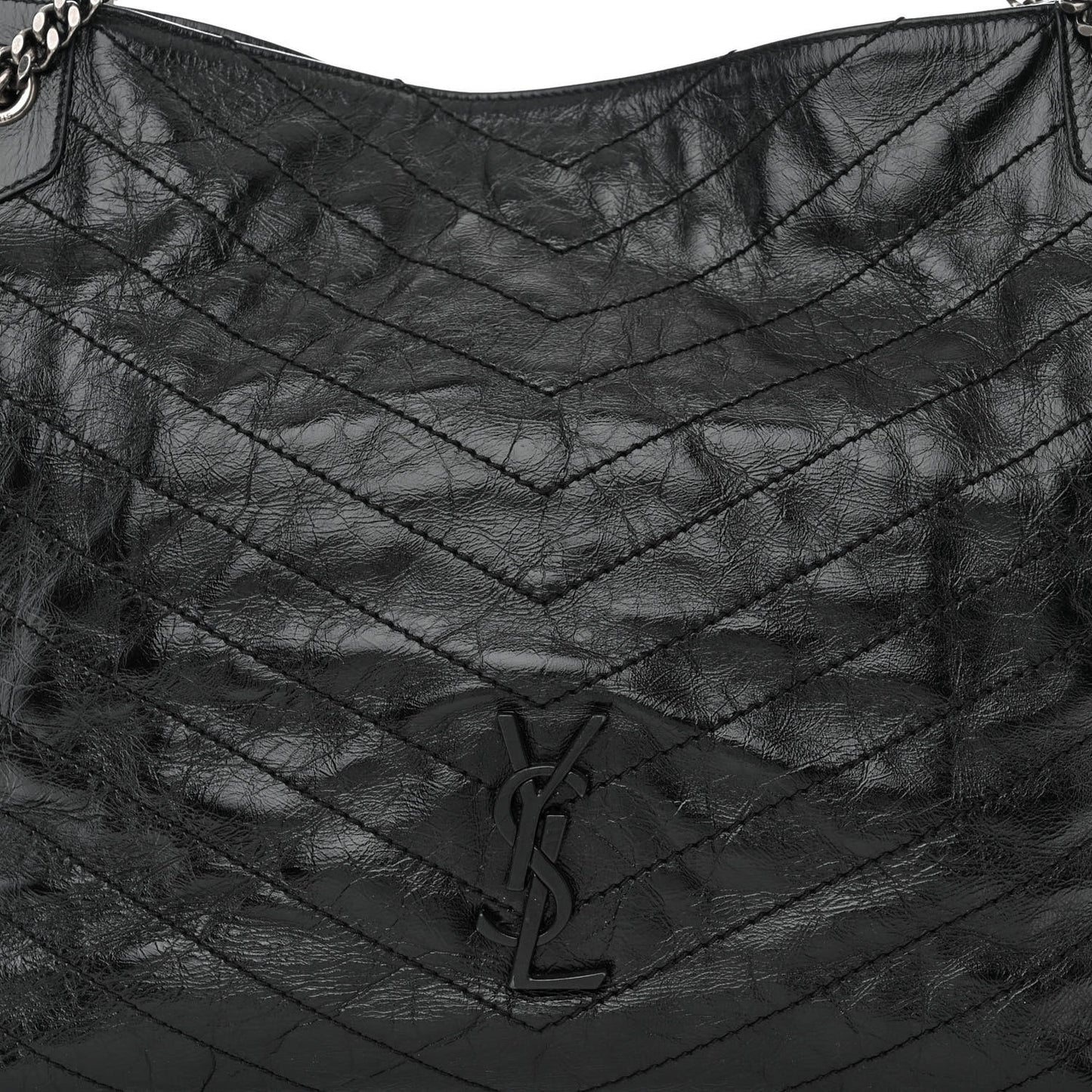 Crinkled Calfskin Matelasse Monogram Large Niki Shopper Tote Black