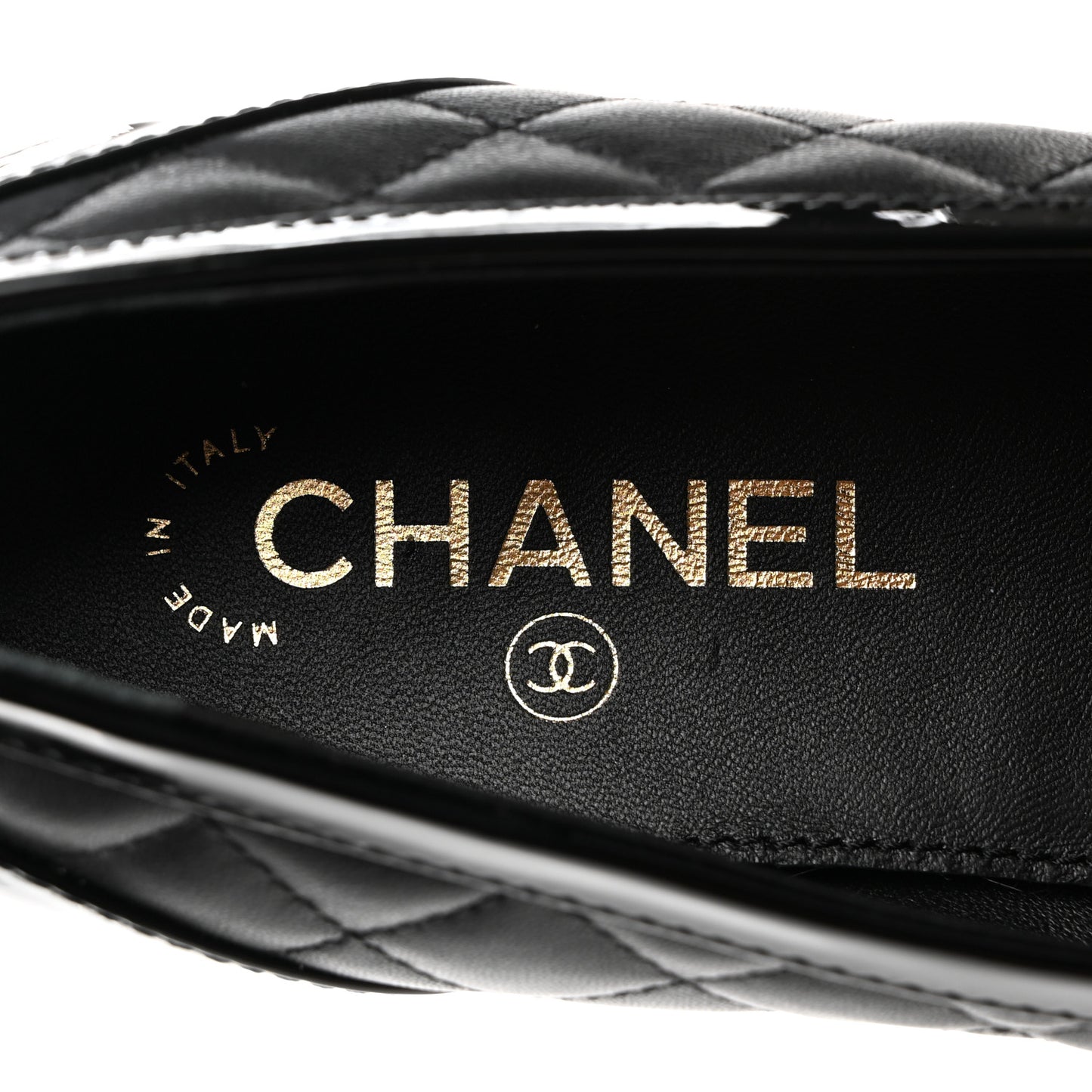Lambskin Quilted Patent Calfskin Cap Toe CC Loafers 40 Black
