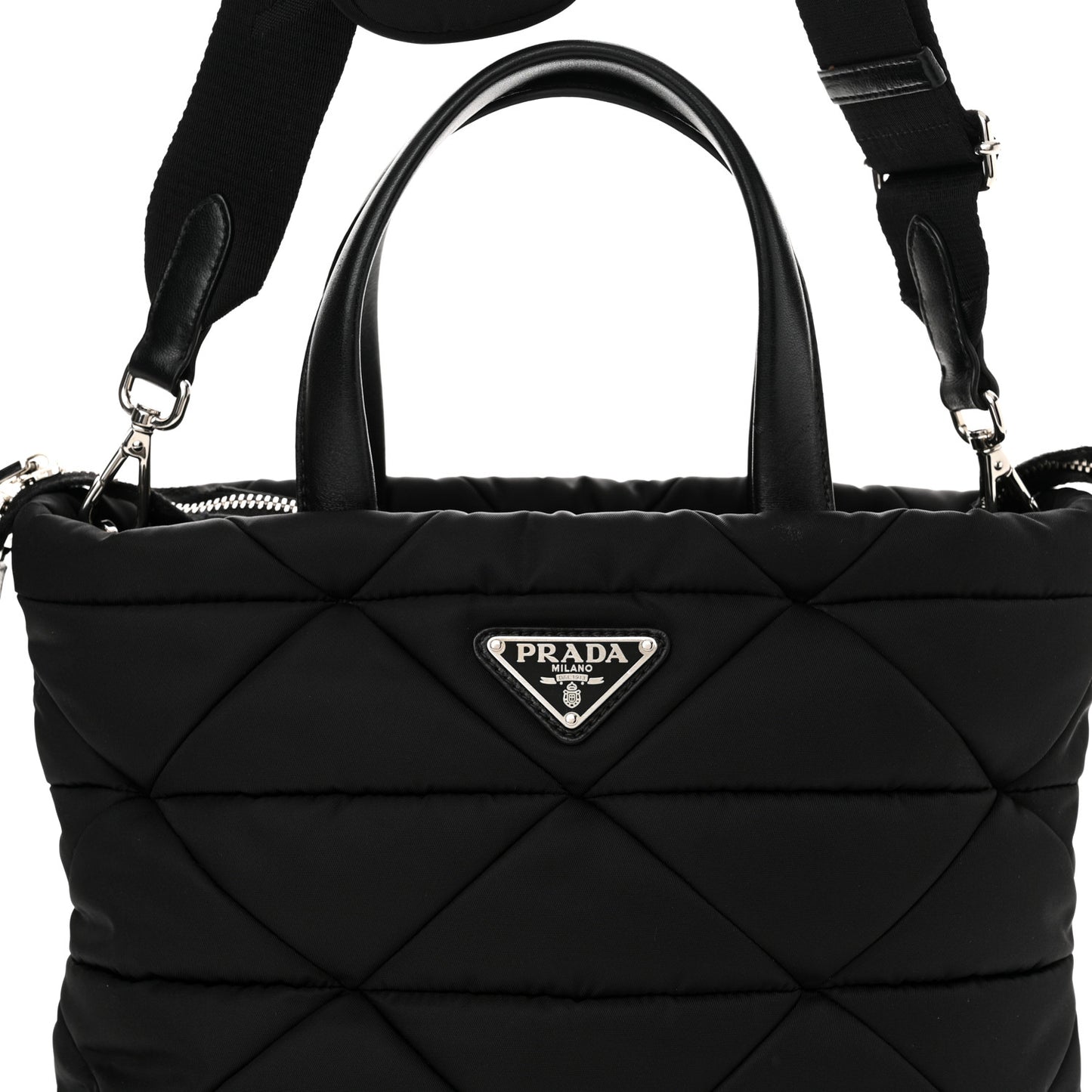 Re-Nylon Nappa Triangle Quilted Padded Double Handled Zip Pocket Tote Black