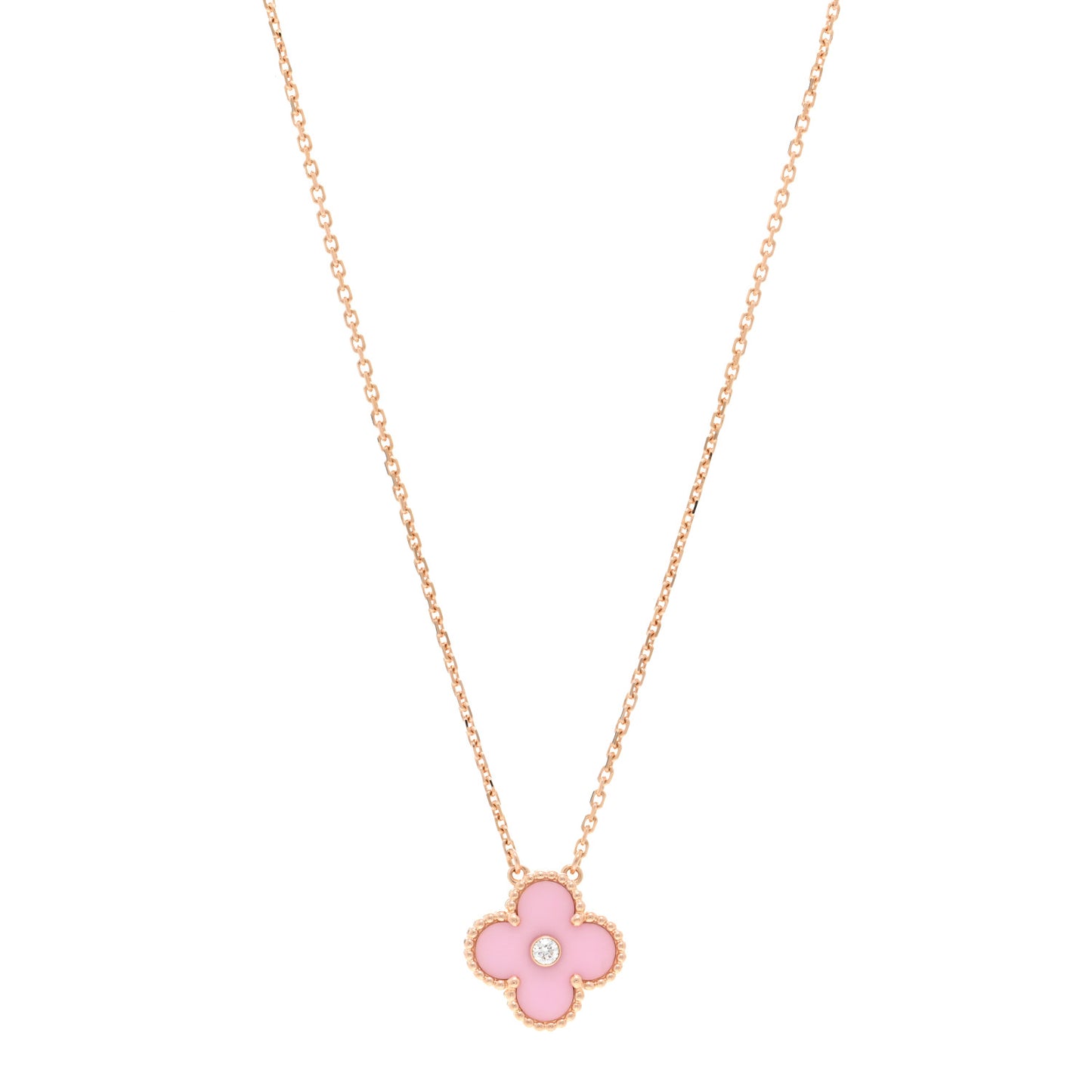 18K Rose Gold Diamond Pink Porcelain Vintage Alhambra Pendant Necklace