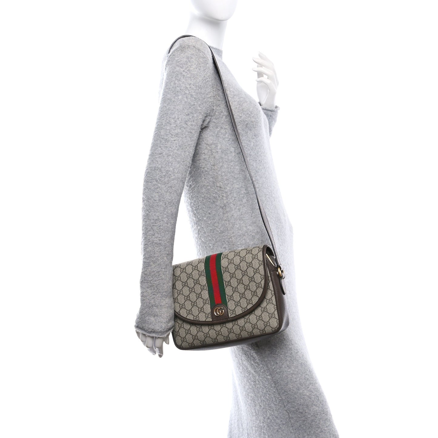 GG Supreme Monogram Textured Dollar Calfskin Web Ophidia Flap Shoulder Bag Beige Ebony New Acero