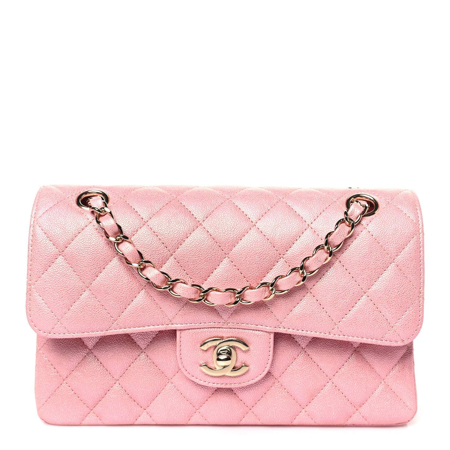 Iridescent Caviar Quilted Small Double Flap Pink