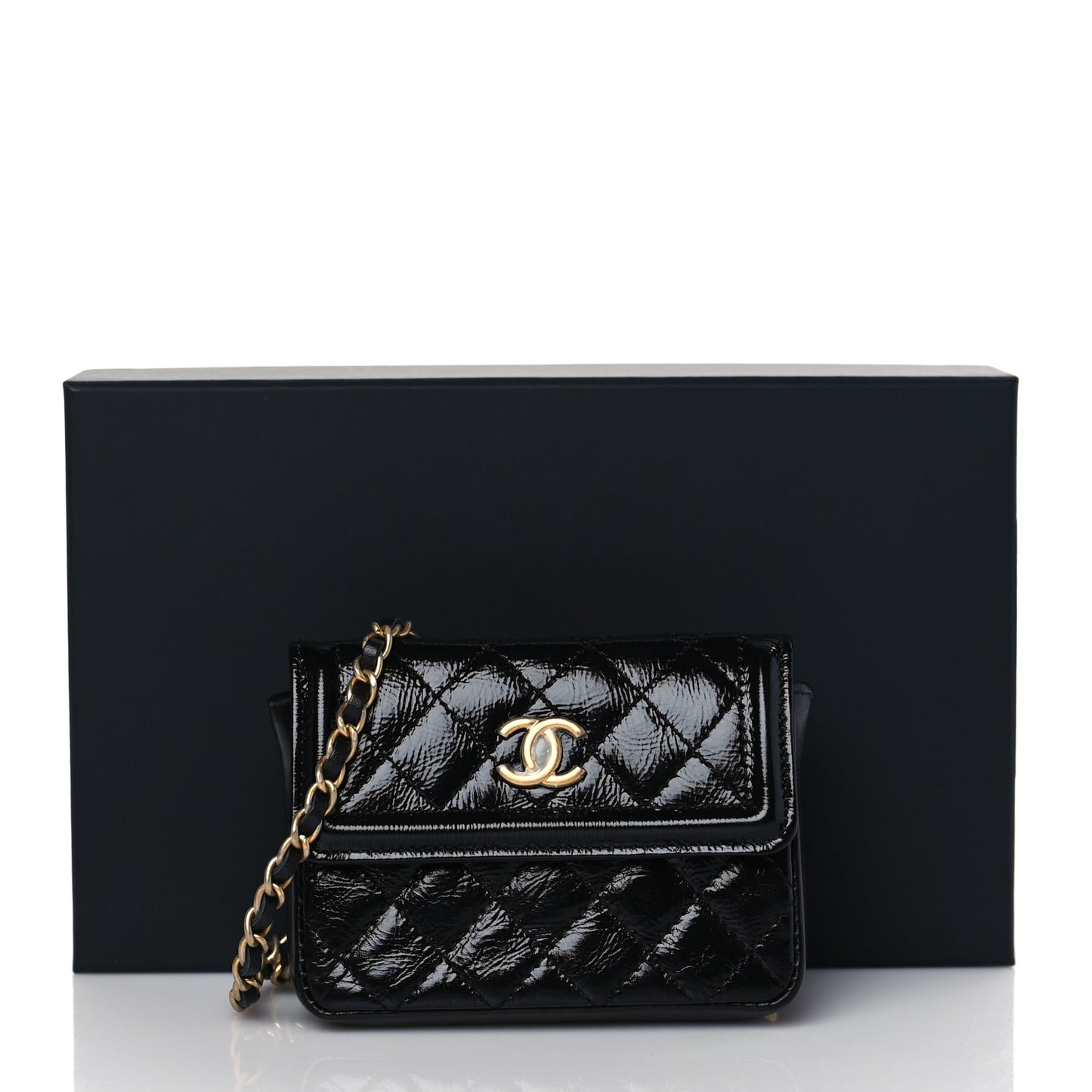 Shiny Aged Calfskin Quilted Waist Belt Bag Black