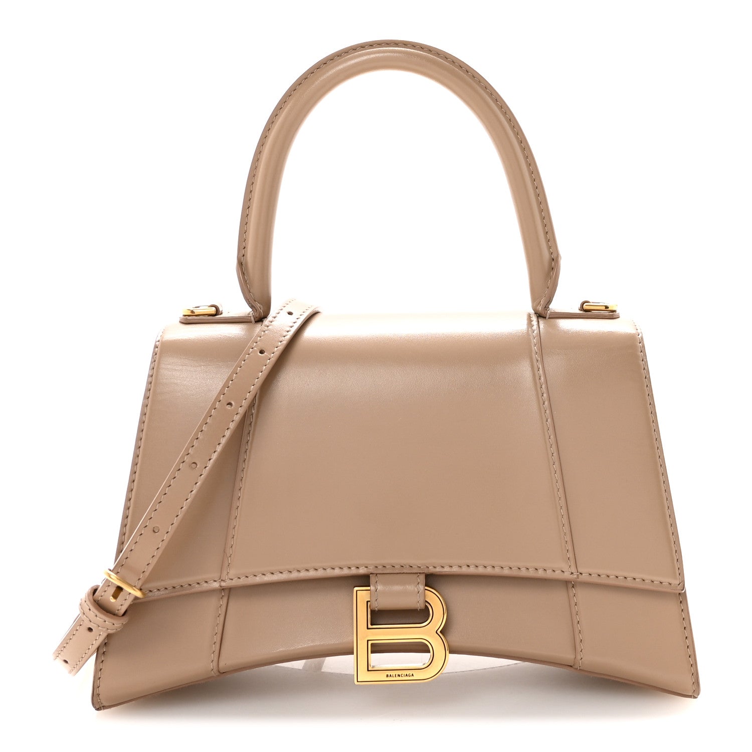 Balenciaga Shiny Box Calfskin Small Hourglass Top Handle Bag Sand