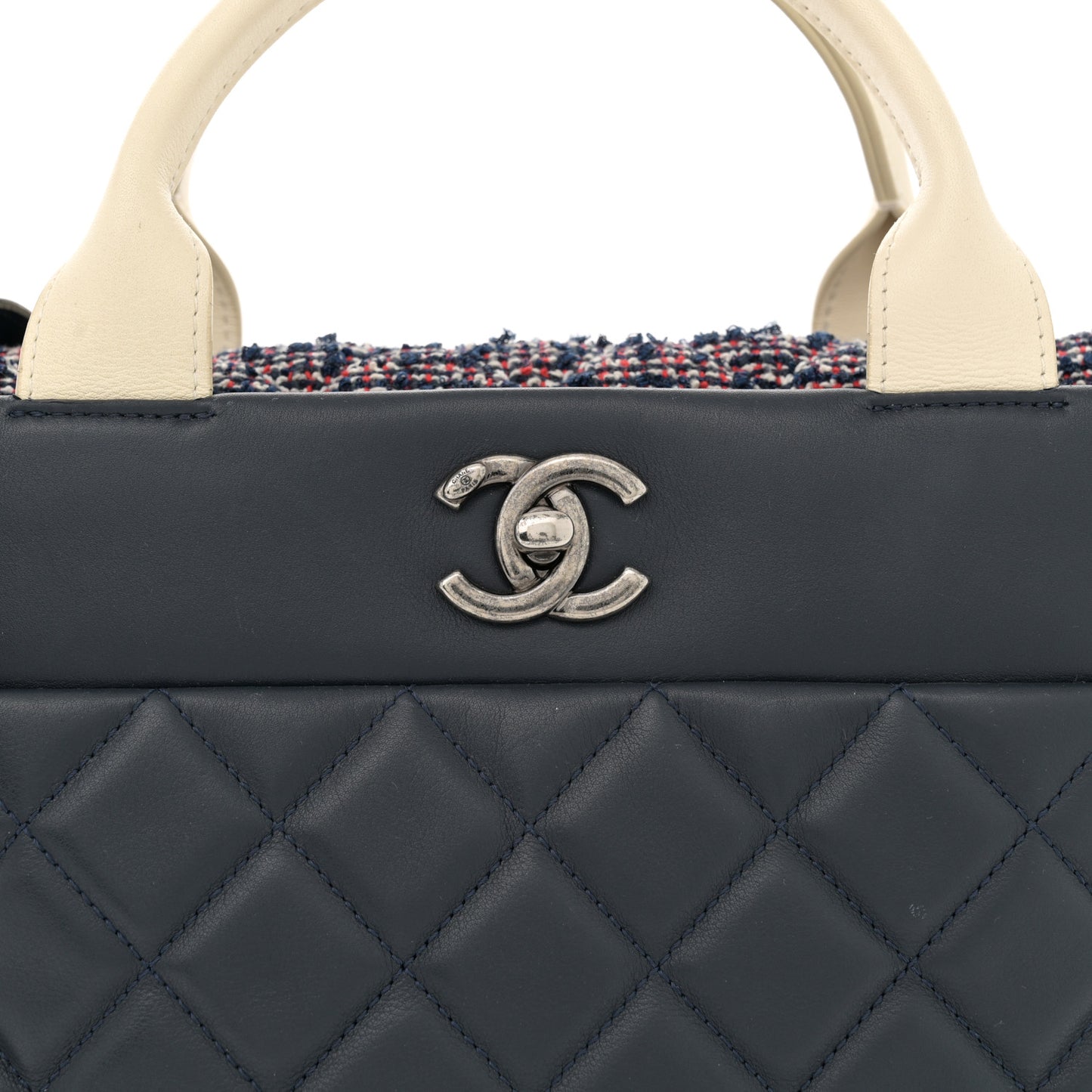 Calfskin Tweed Quilted Small Tote Navy Multicolor