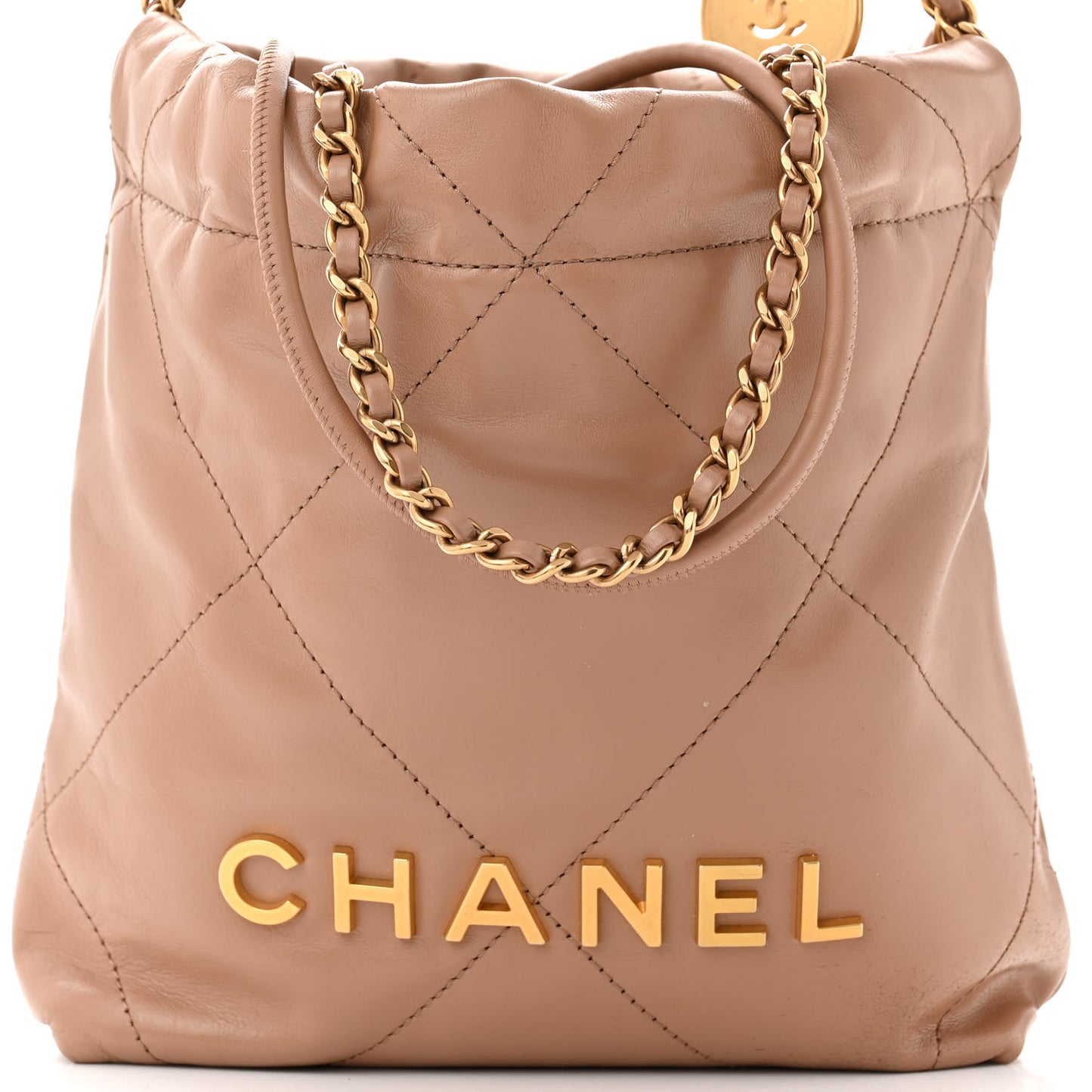 Shiny Calfskin Quilted Mini Chanel 22 Dark Beige