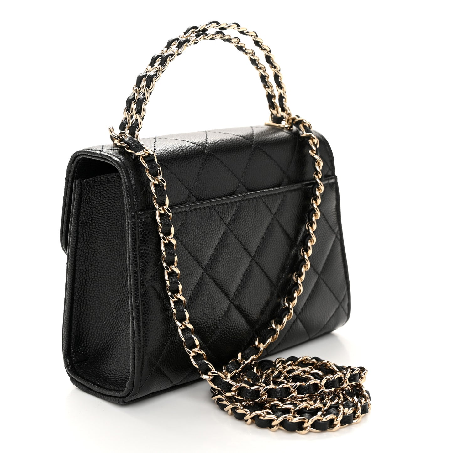Caviar Quilted Double Chain Top Handle Flap With Chain Black