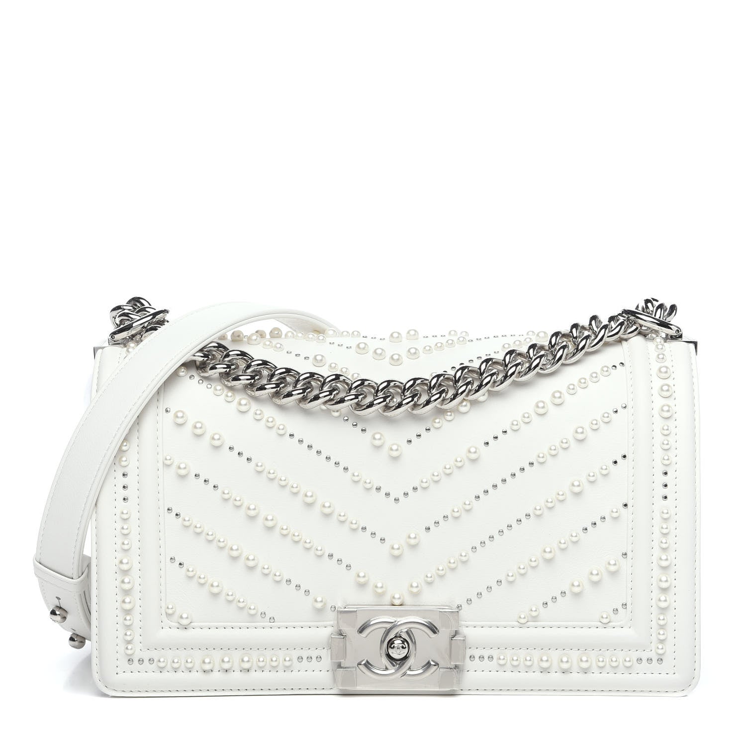 Chanel Calfskin Pearl Chevron Quilted Medium Boy Flap White 576455