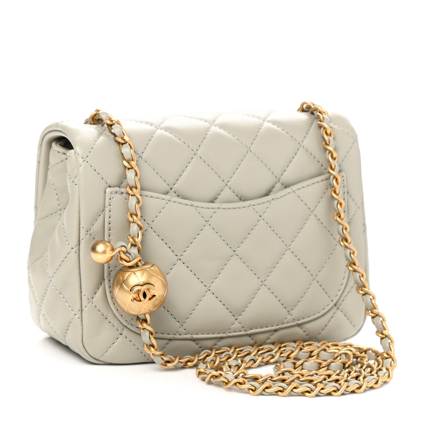 Lambskin Quilted Mini Pearl Crush Flap Light Grey