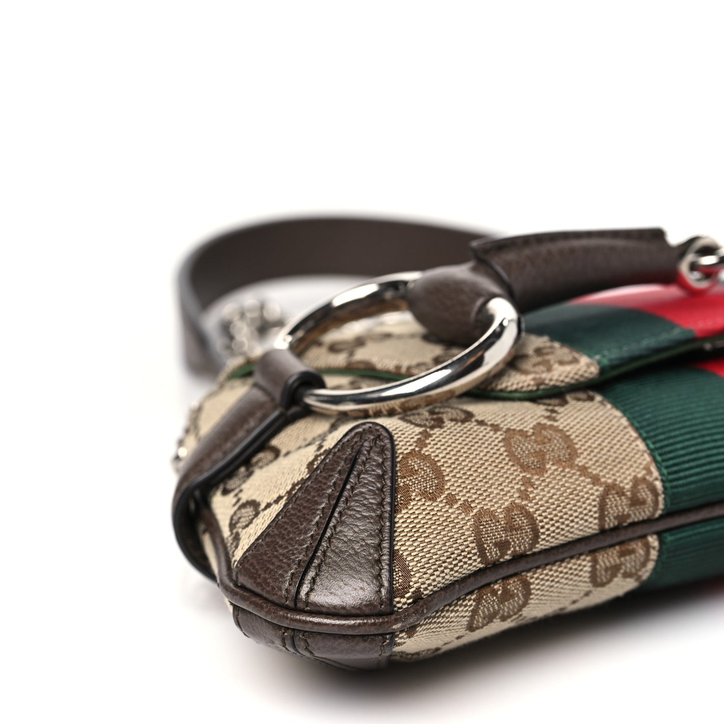 Monogram Textured Dollar Calfskin Heavy Grosgrain Web Small Maxi Horsebit Chain Shoulder Bag Beige Ebony New Acero