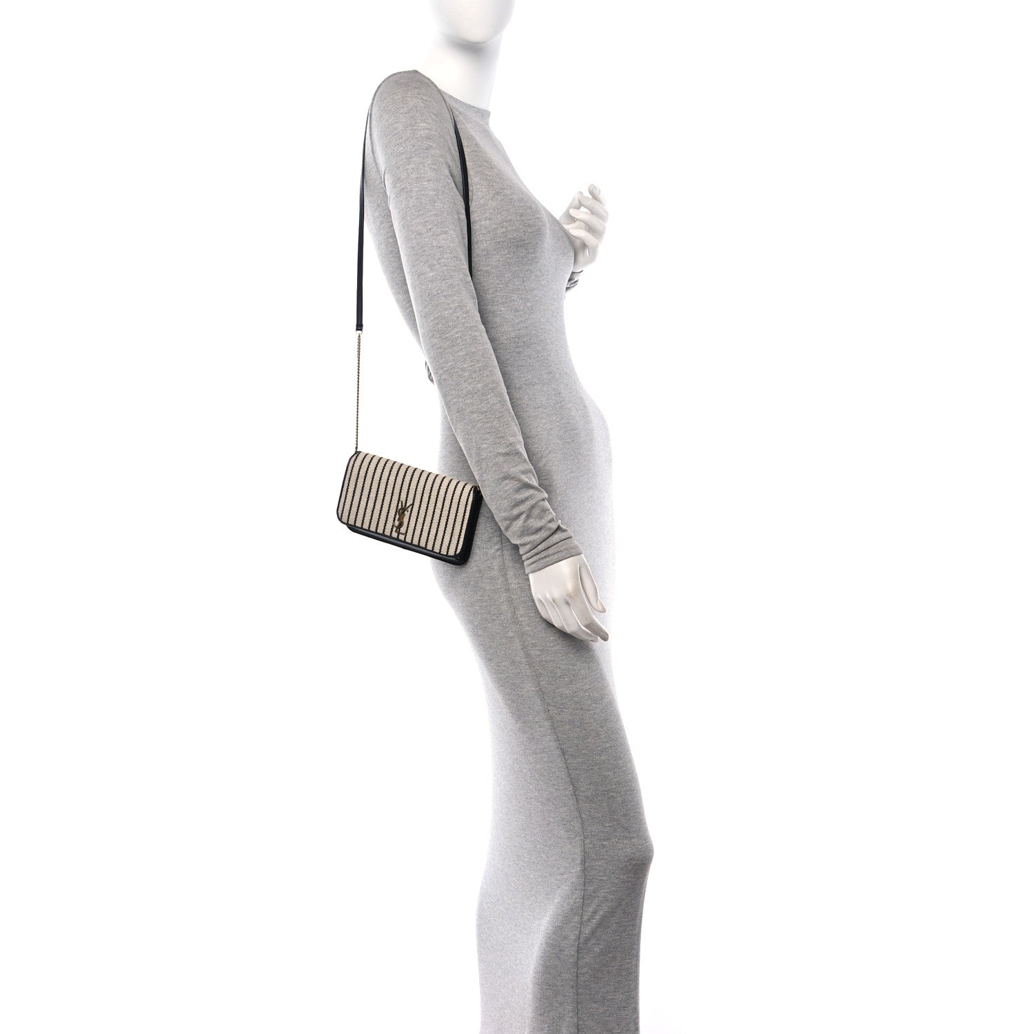 Saint Laurent Canvas Striped Phone Holder Crossbody Beige Black 2 of 11