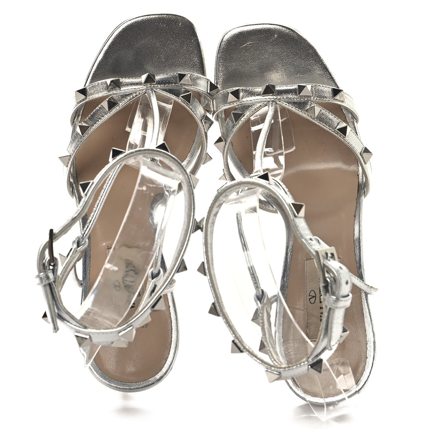 Metallic Nappa Rockstud Ankle T-Strap 105mm Sandals 37 Silver