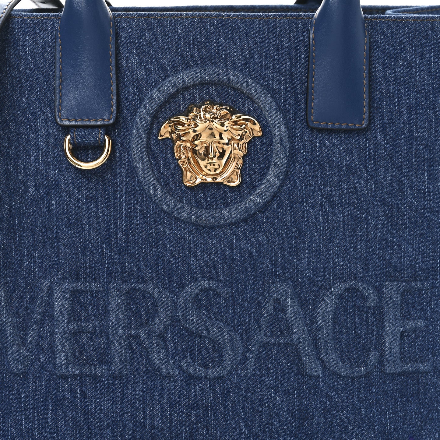 Denim Calfskin La Medusa Small Tote Bag Blue