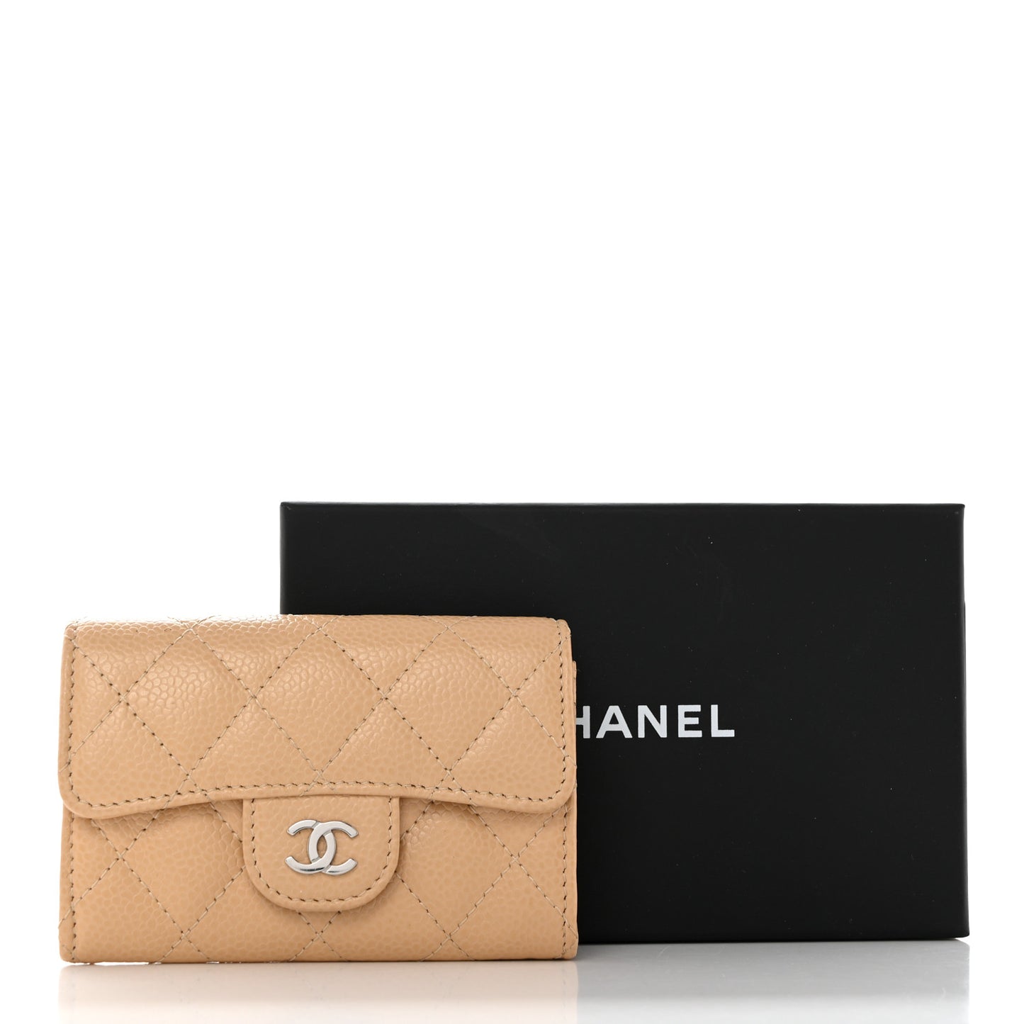 Caviar Quilted Flap Card Holder Wallet Beige