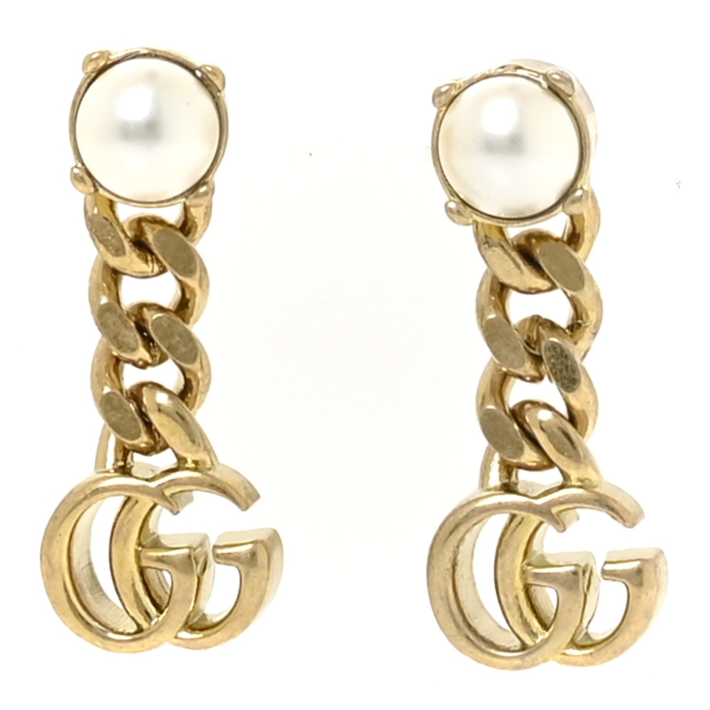 Metal Pearl Double G Chain Drop Earrings Gold