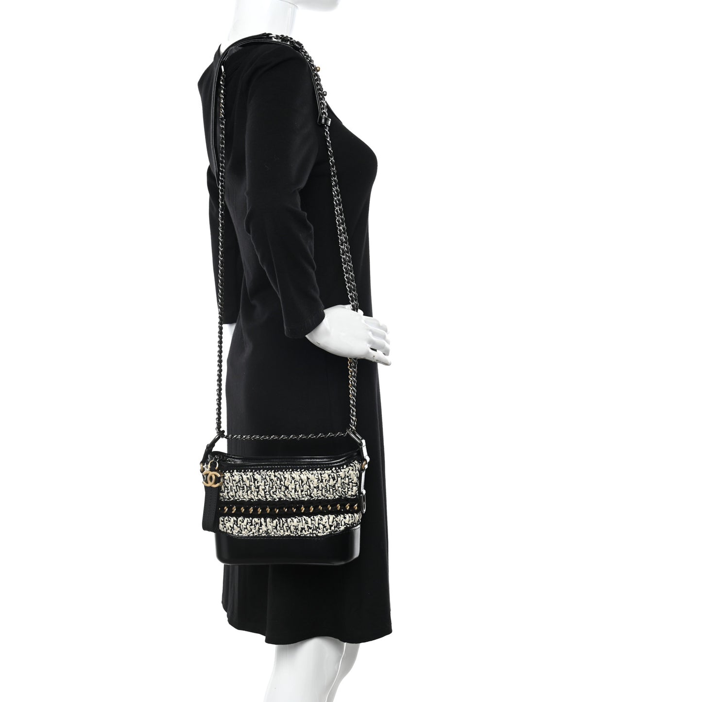 Cotton Raffia Calfskin Small Gabrielle Hobo Black White