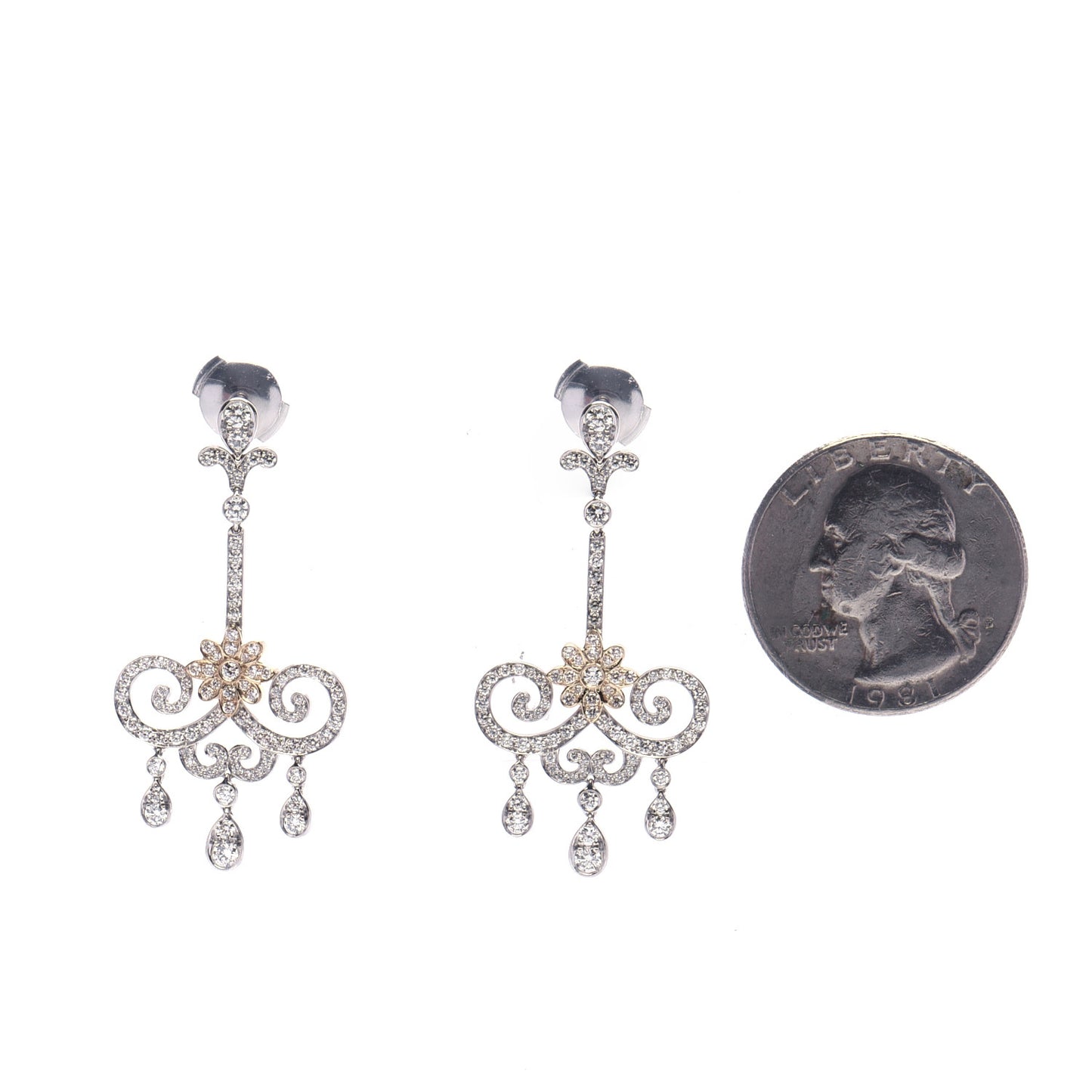 Platinum 18K Rose Gold Diamond Enchant Scroll Drop Earrings