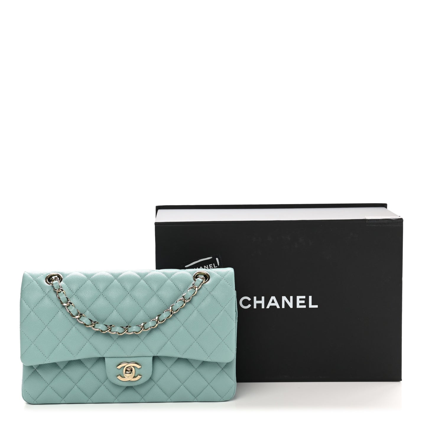 Caviar Quilted Medium Double Flap Light Blue