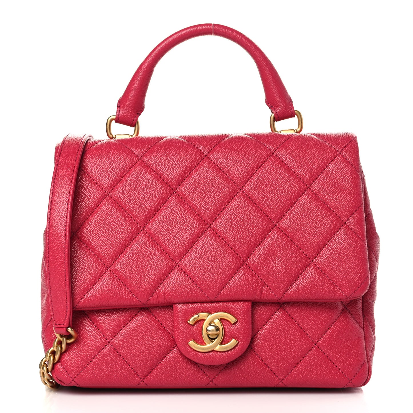 Shiny Caviar Quilted Small Top Handle Flap Pink