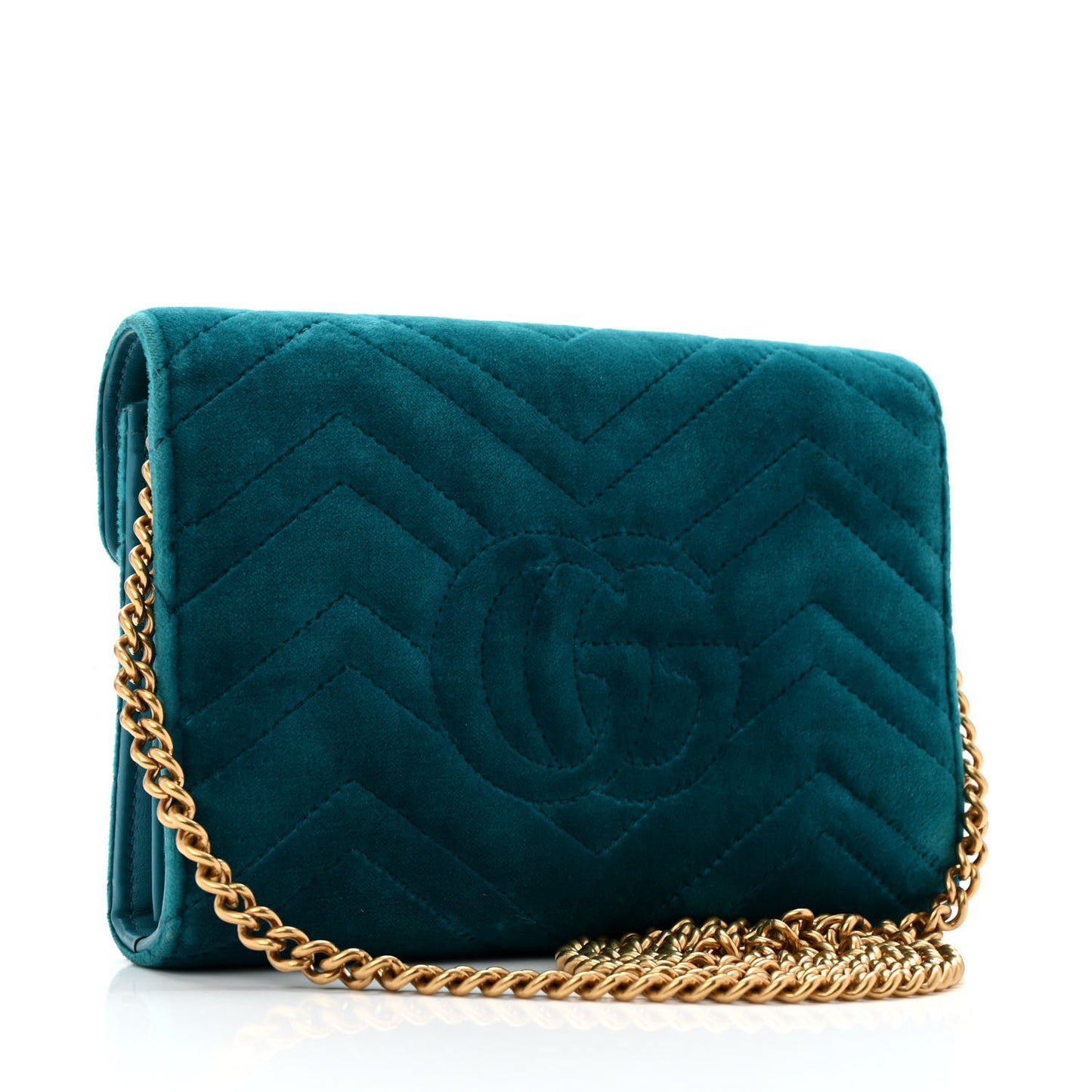 Velvet Matelasse GG Marmont Chain Wallet Pavone Cyan