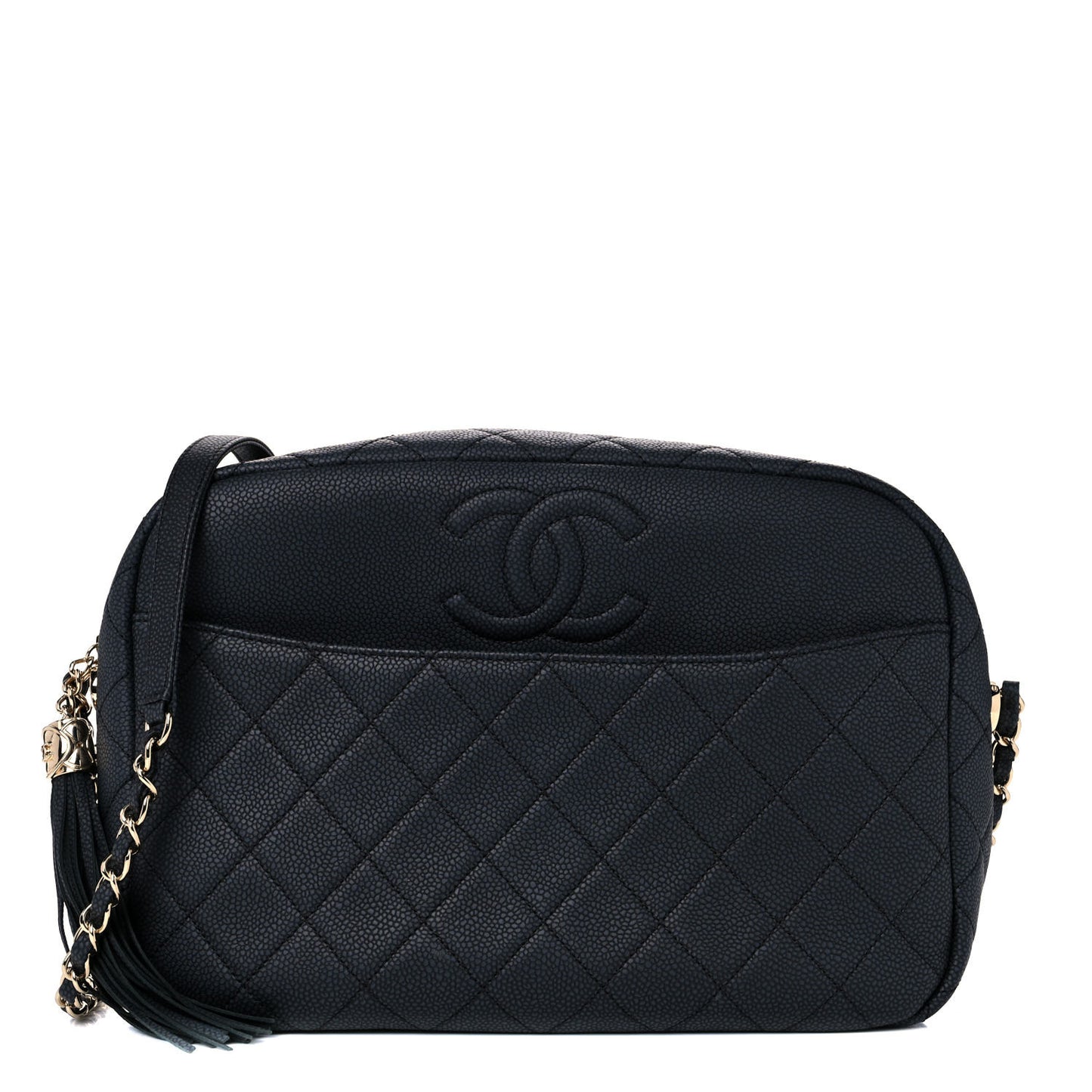 Caviar Quilted Large Coco Tassel Camera Case Black