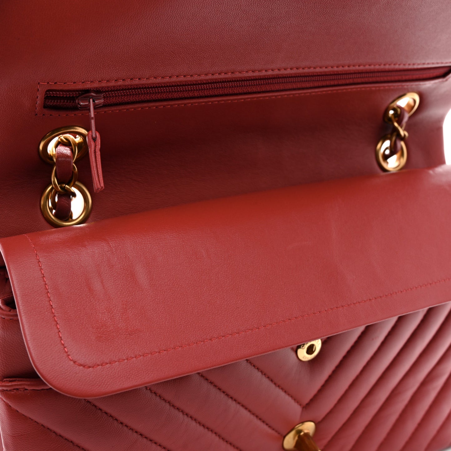 Lambskin Chevron Quilted Medium Double Flap Red