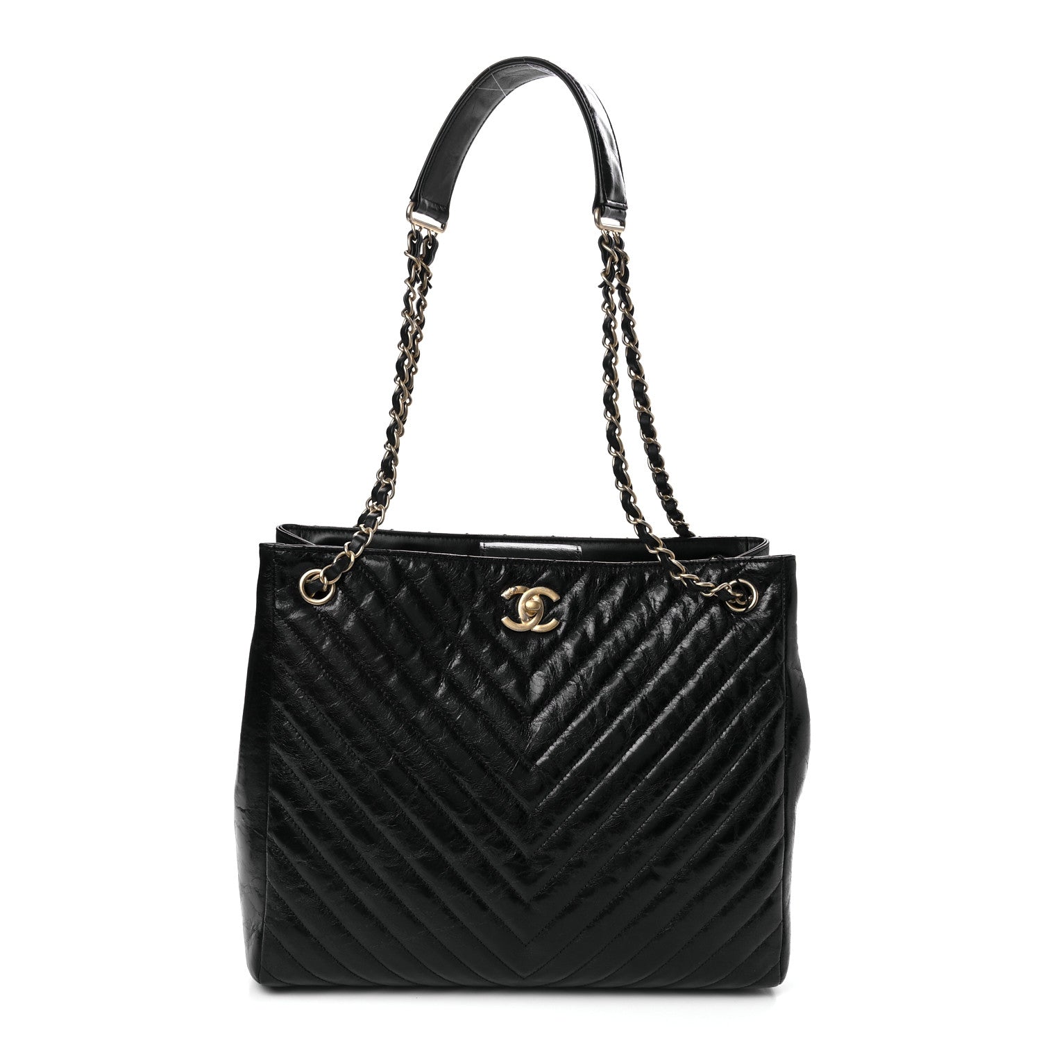 Chanel Aged Calfskin Chevron Quilted Shopping Tote Black 1 of 9