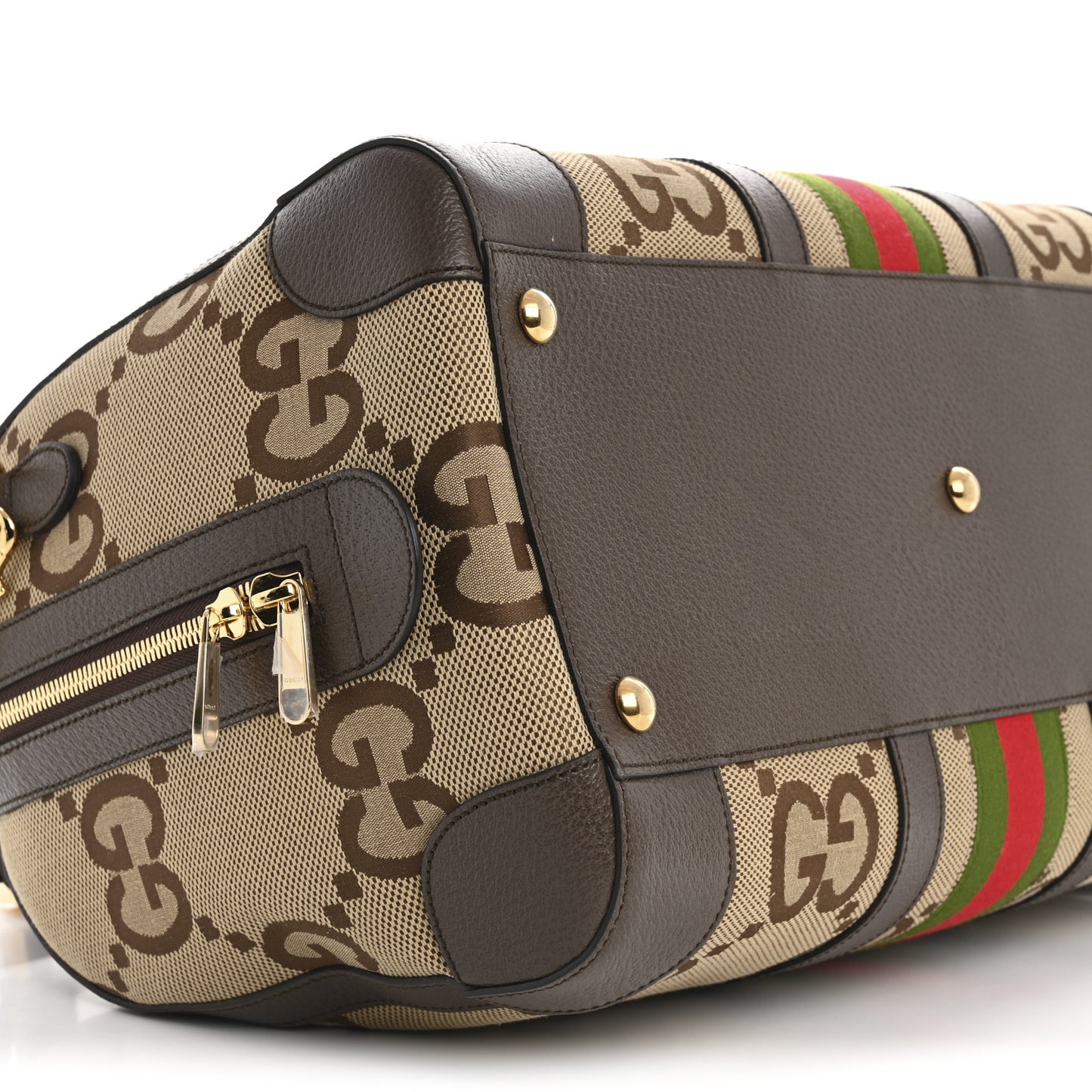 Monogram Jumbo GG Textured Dollar Calfskin Web Medium Duffle Bag Camel Ebony