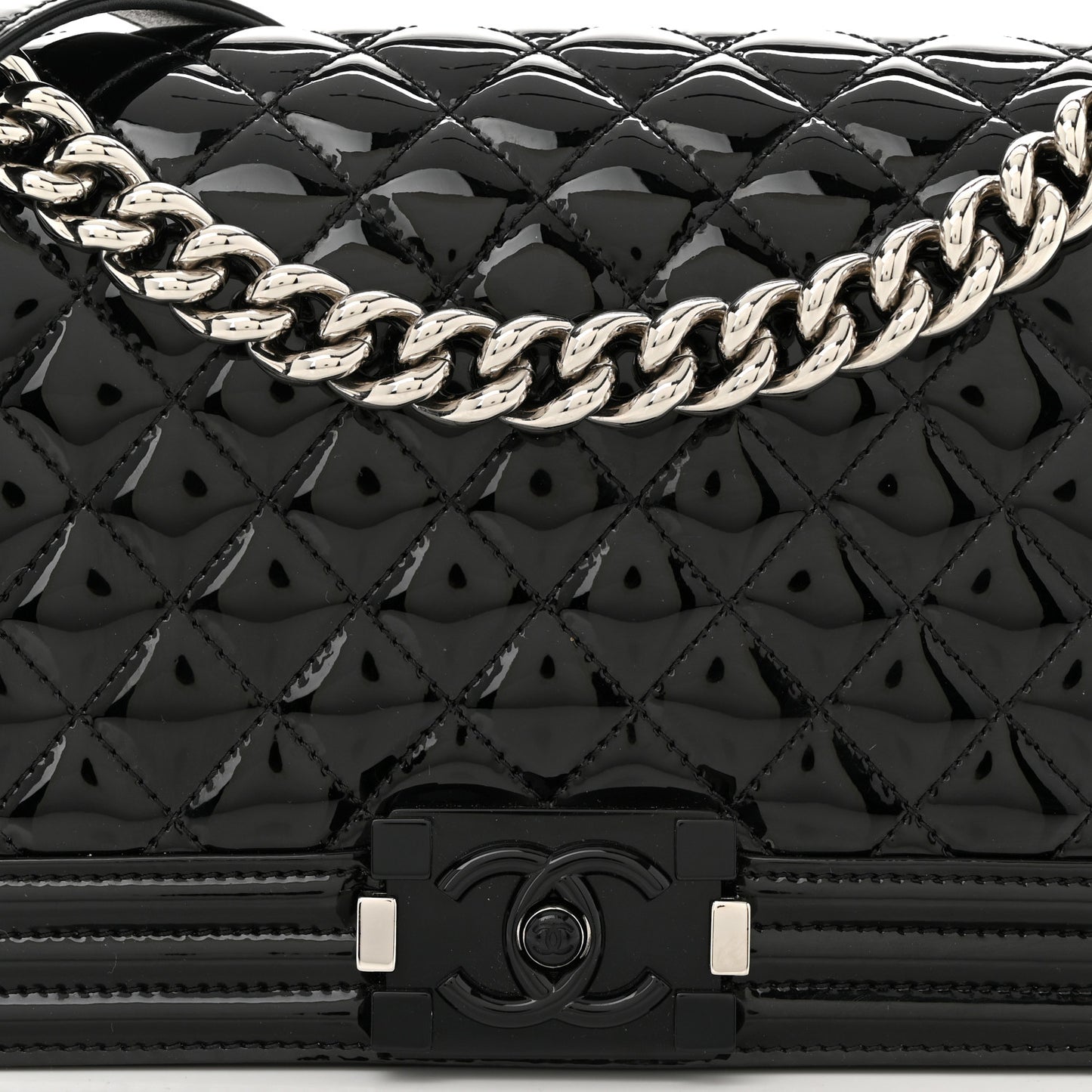 Patent Calfskin Quilted Medium Plexiglass Boy Flap Black